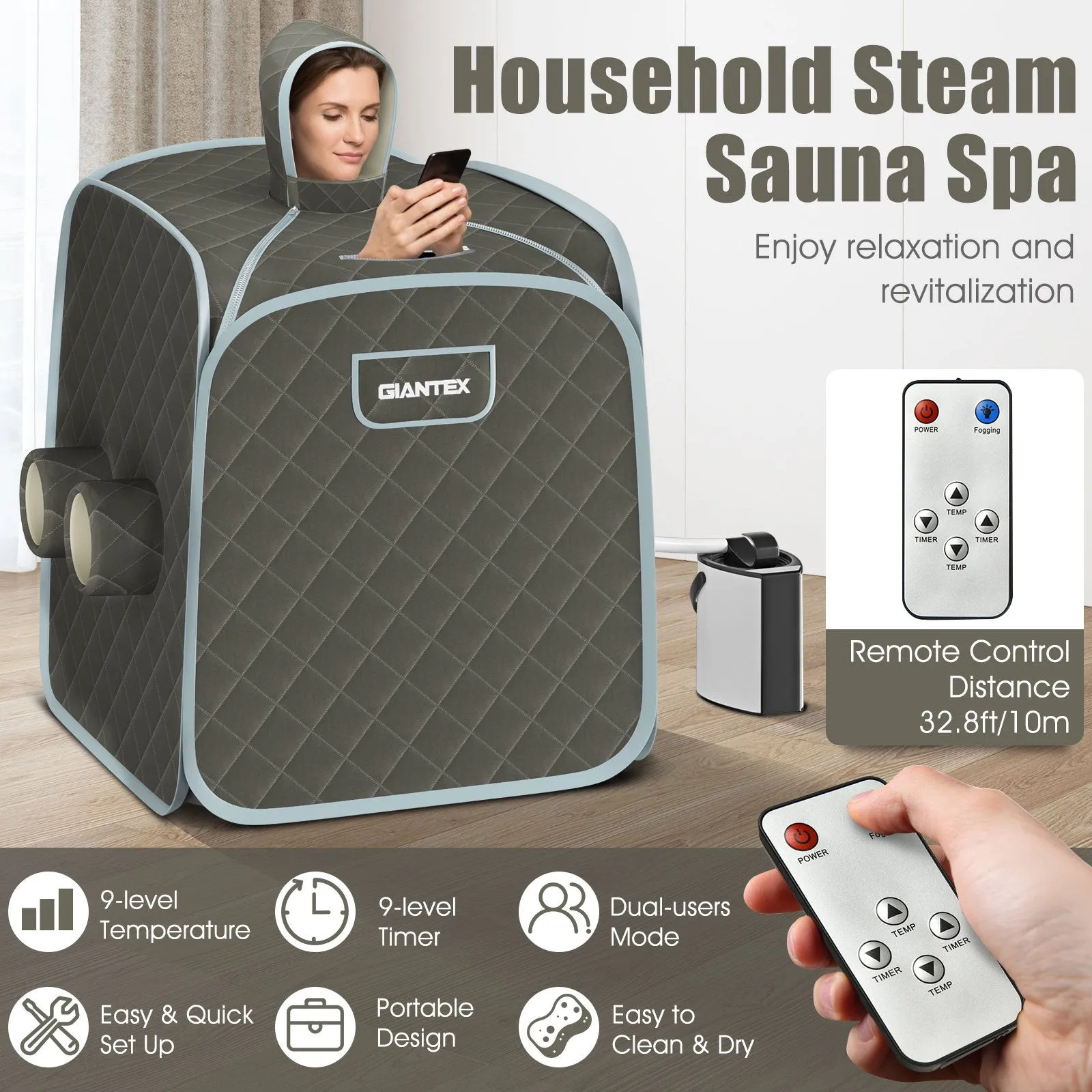 Multigot 800W 2 Person Portable Steam Sauna Tent SPA W/ Hat Side Holes 101.44oz Steamer