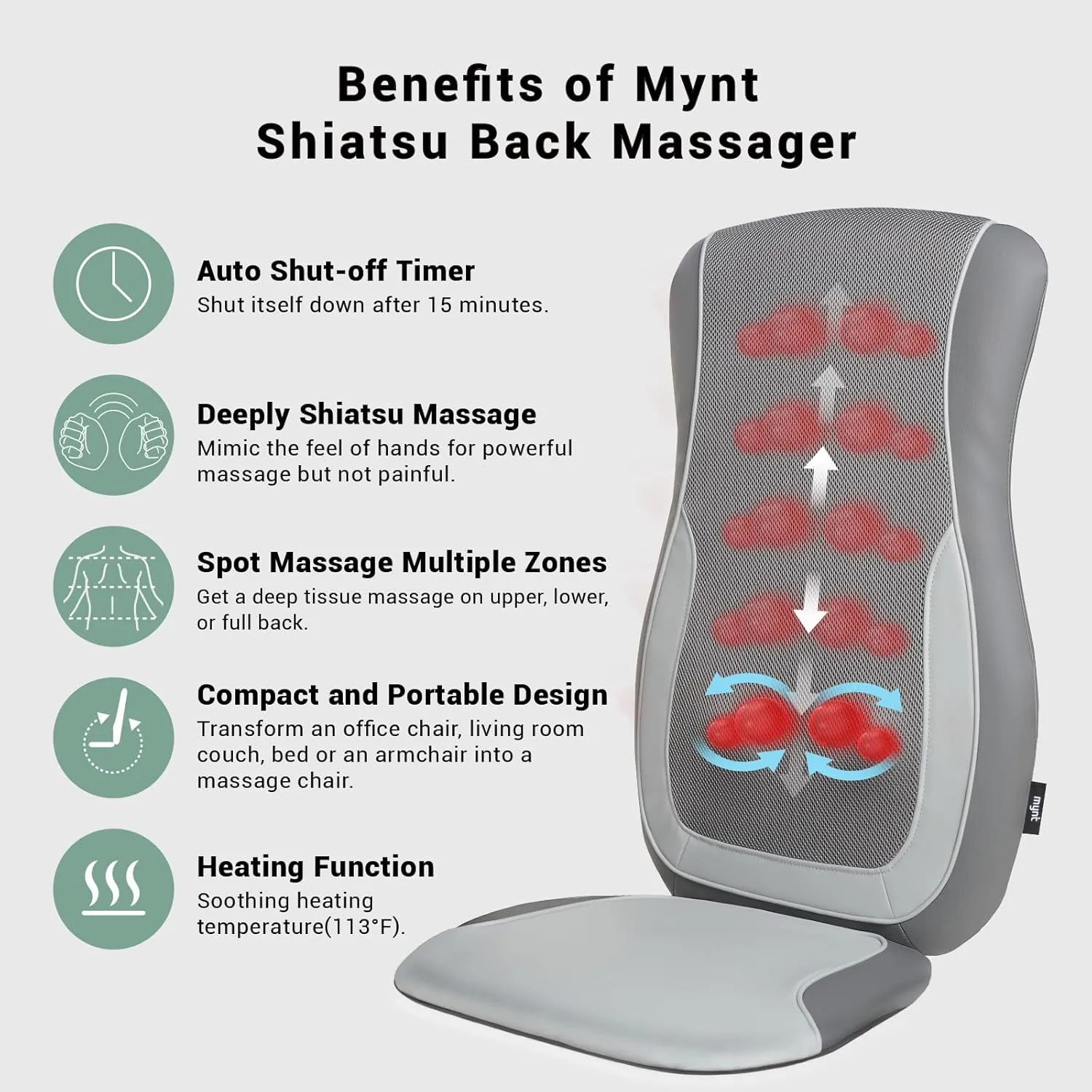 Mynt Gray Acupressure Massage Chair Pad with 4 Deep Kneading Nodes, Shiatsu Back Massager for Chair with Heat, Heated Back Massage with a Cushion for Deep Tissue