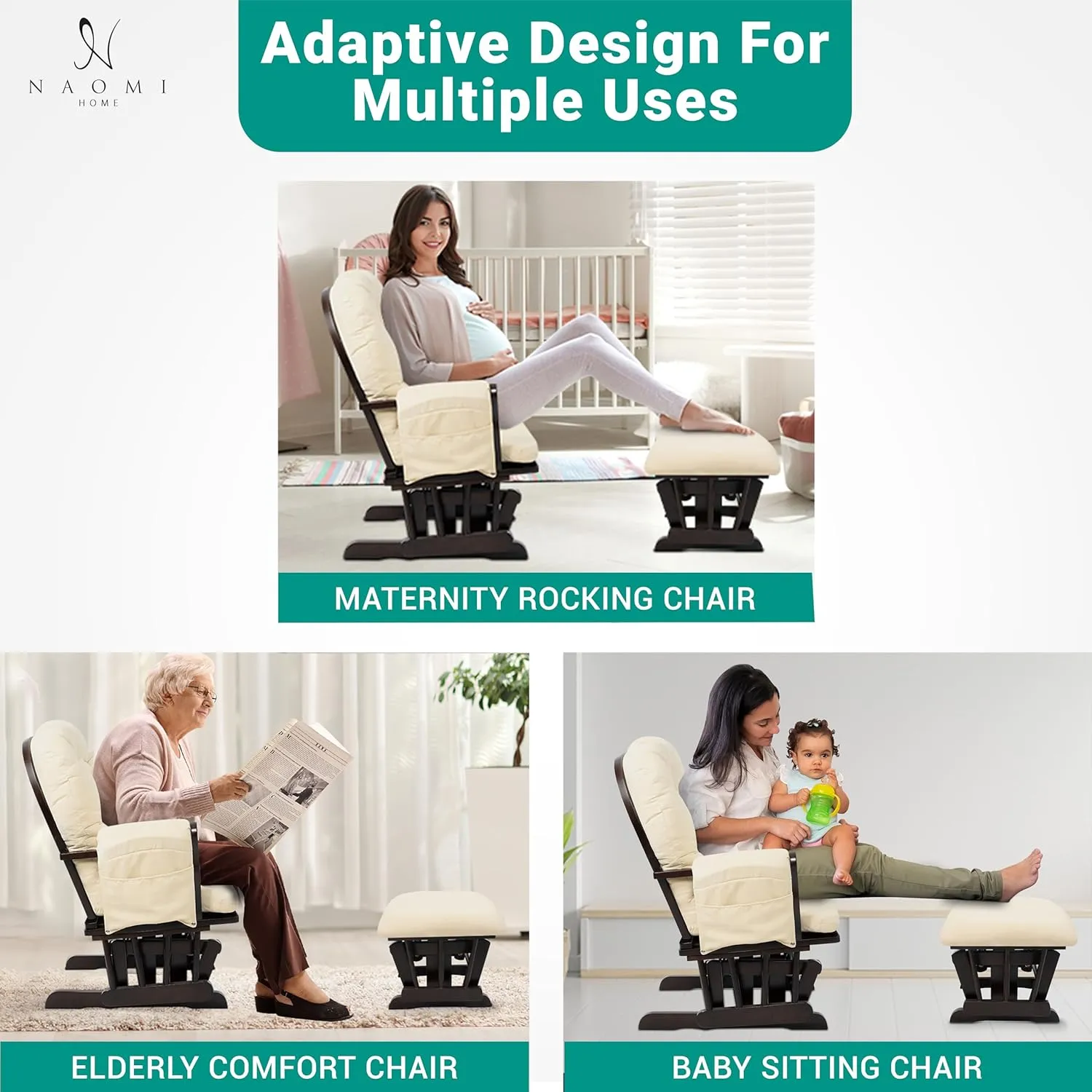 Naomi Home Brisbane Nursery Glider Ottoman Sets Glider Recliner Nursery Rocking Chair Rocker with Ottoman Reclining Gliders Chairs for Breastfeeding Maternity Napping Espresso Cream