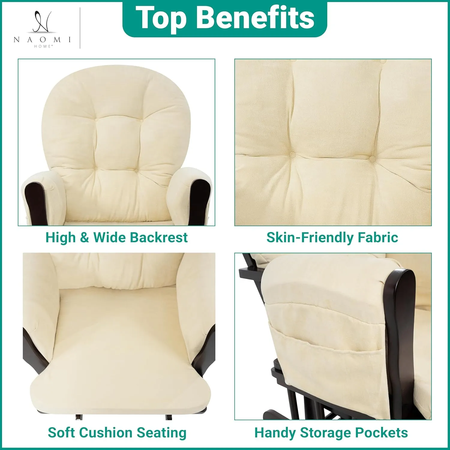 Naomi Home Brisbane Nursery Glider Ottoman Sets Glider Recliner Nursery Rocking Chair Rocker with Ottoman Reclining Gliders Chairs for Breastfeeding Maternity Napping Espresso Cream