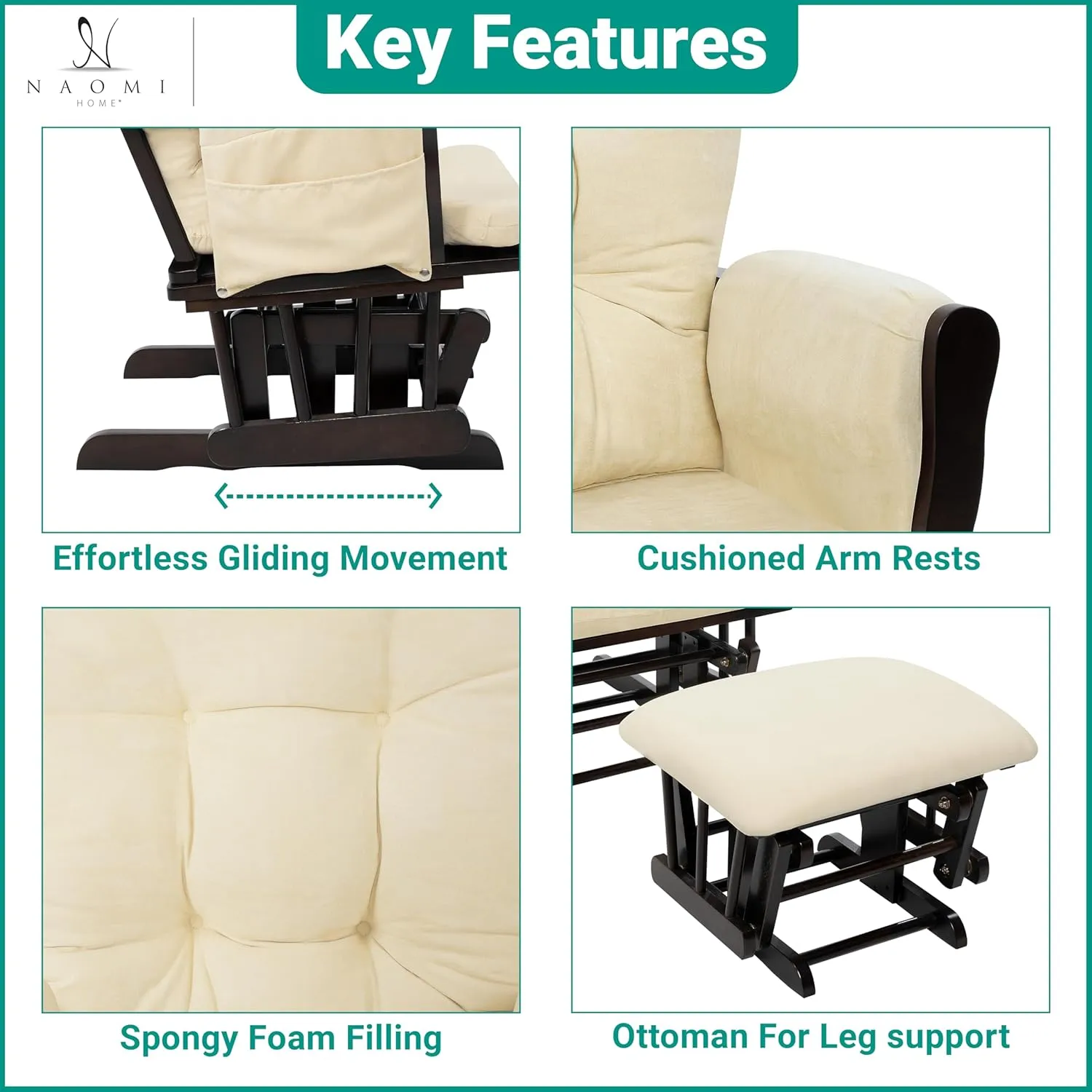 Naomi Home Brisbane Nursery Glider Ottoman Sets Glider Recliner Nursery Rocking Chair Rocker with Ottoman Reclining Gliders Chairs for Breastfeeding Maternity Napping Espresso Cream