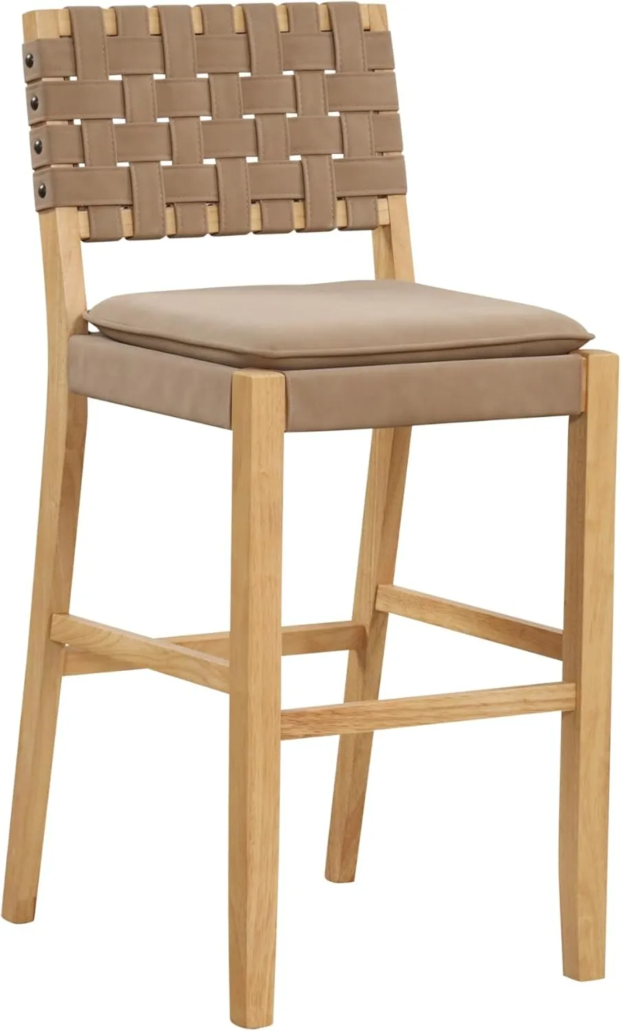 Nathan James Cohen Mid-Century Modern 29 in. Wood Bar Stool, Upholstered Faux Leather Bar Height Stool with Solid Wood Frame, Natural Brown