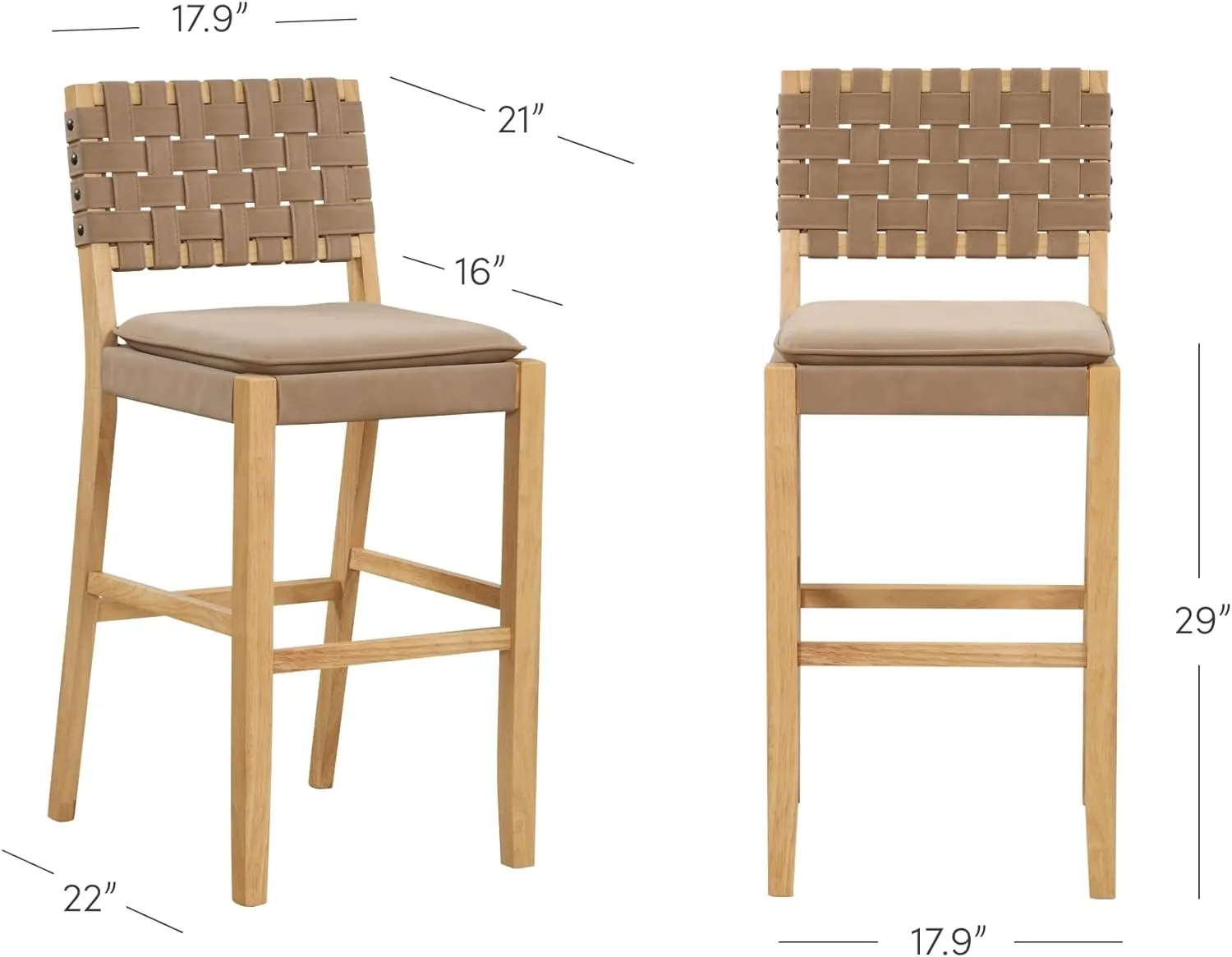 Nathan James Cohen Mid-Century Modern 29 in. Wood Bar Stool, Upholstered Faux Leather Bar Height Stool with Solid Wood Frame, Natural Brown