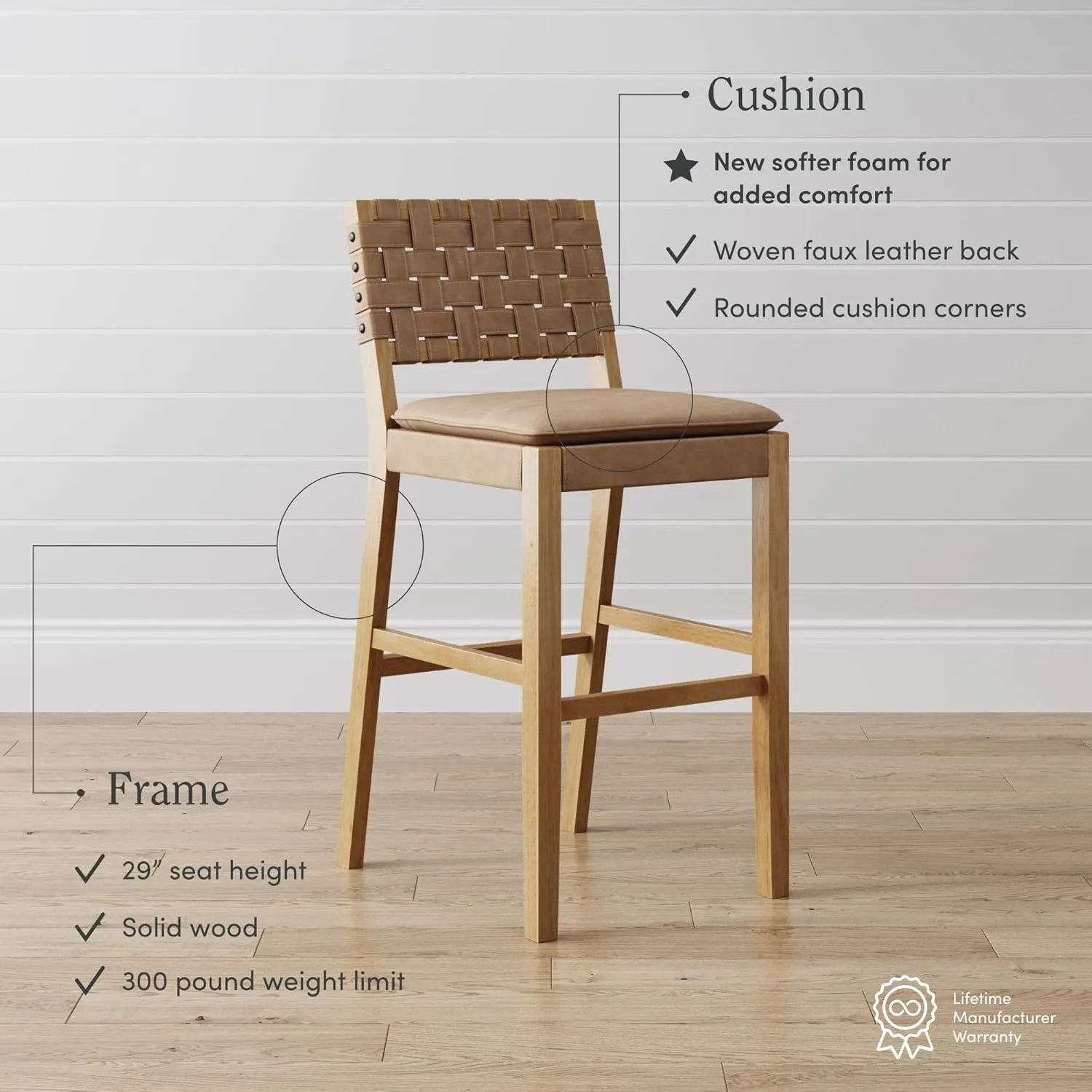 Nathan James Cohen Mid-Century Modern 29 in. Wood Bar Stool, Upholstered Faux Leather Bar Height Stool with Solid Wood Frame, Natural Brown