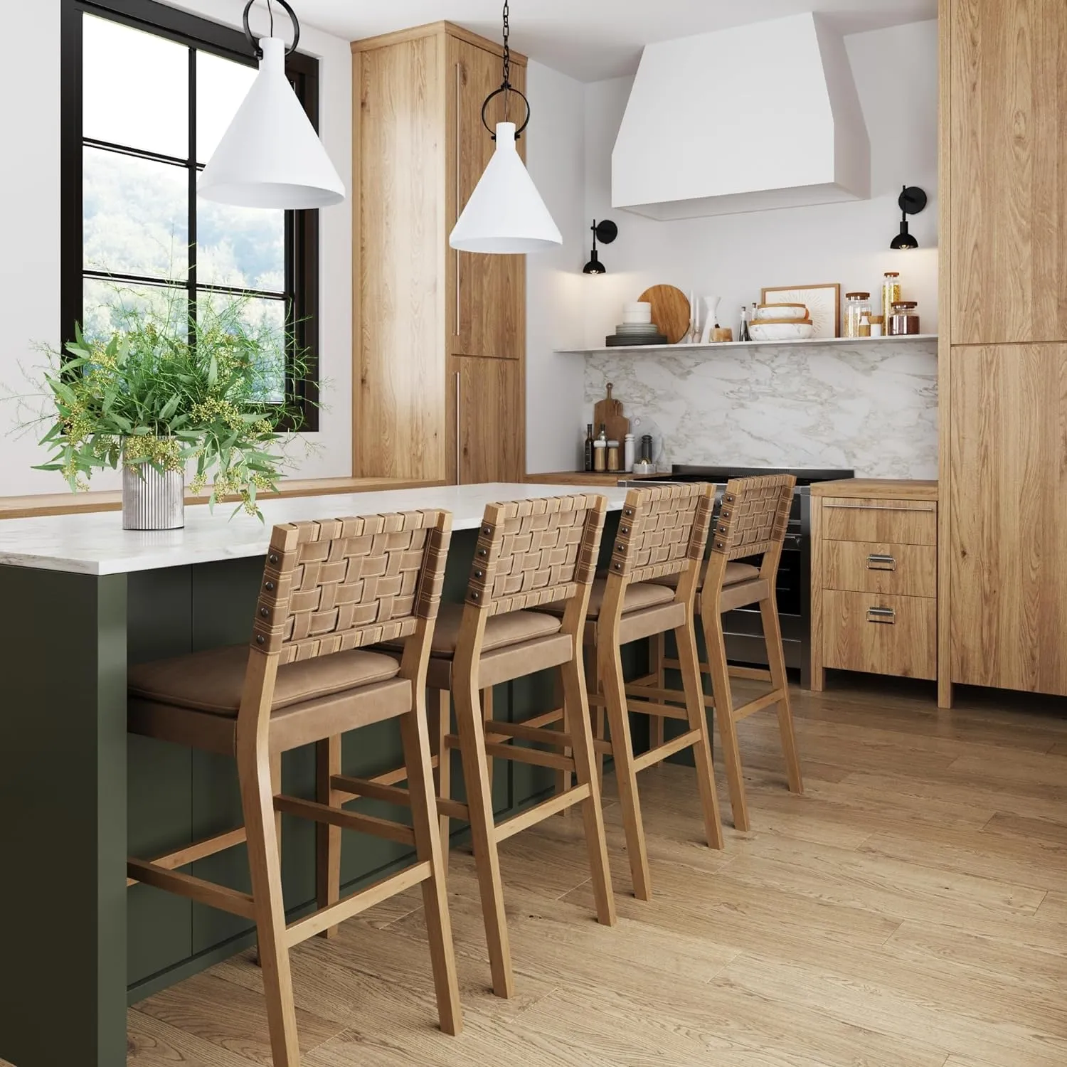 Nathan James Cohen Mid-Century Modern 29 in. Wood Bar Stool, Upholstered Faux Leather Bar Height Stool with Solid Wood Frame, Natural Brown