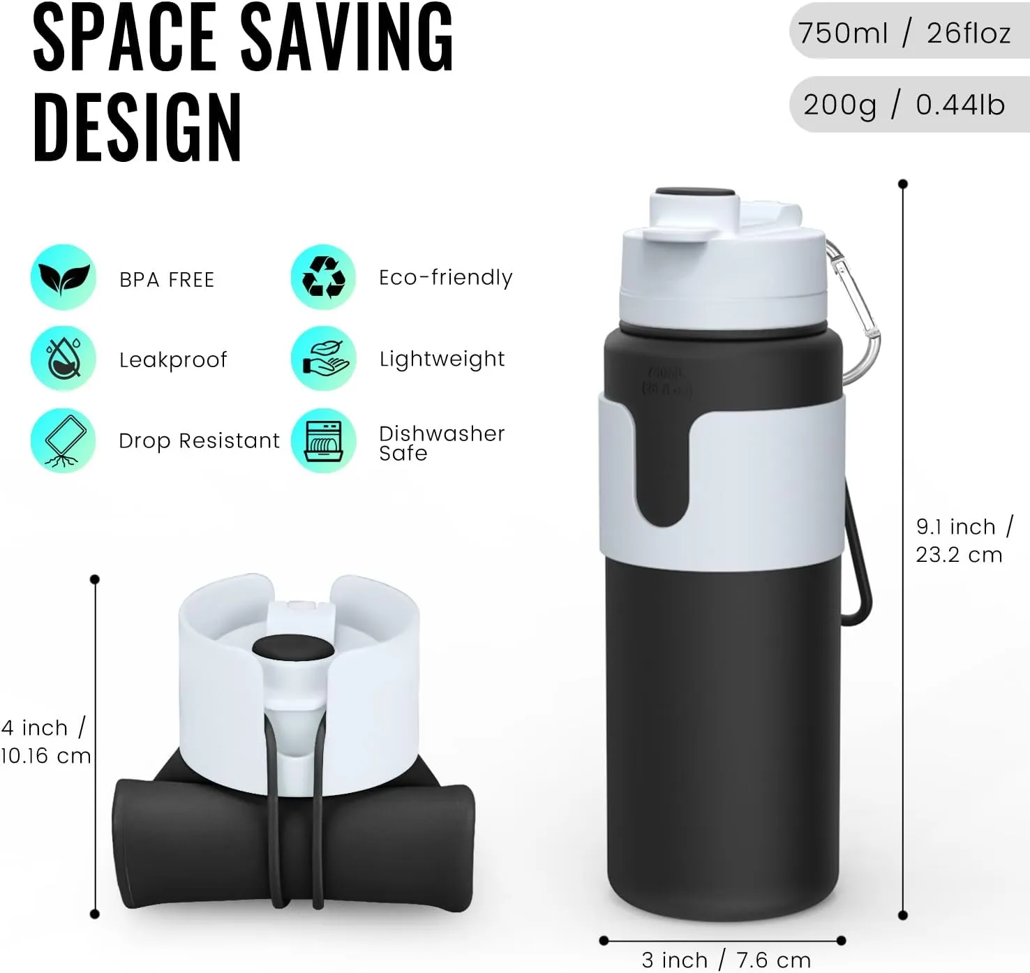 Nefeeko Collapsible Water Bottle, BPA Free 26oz Foldable Water Bottle for Travel Sports, Leak-Proof Spill-Proof Portable Water Bottles with Carabiner, Lightweight