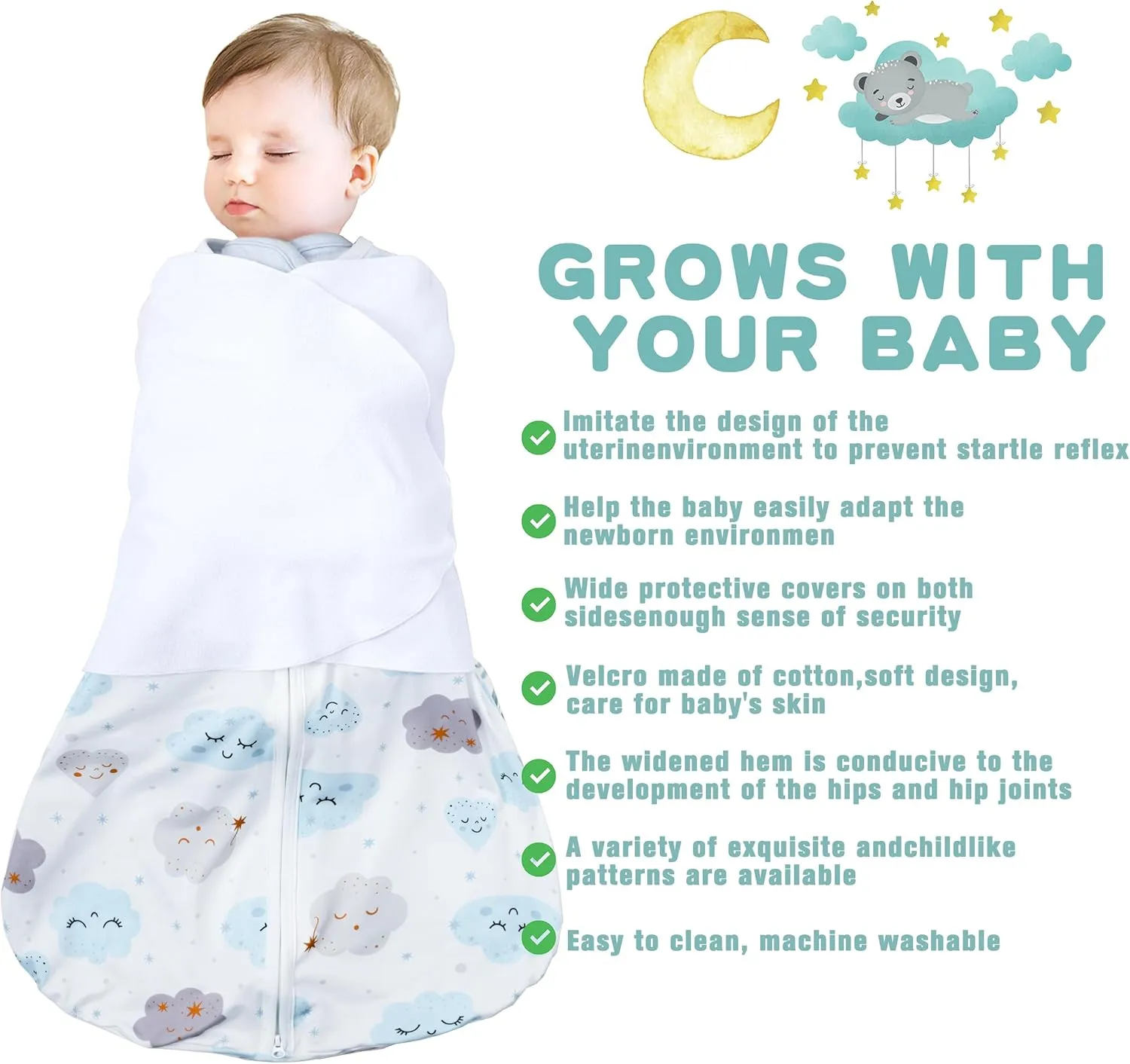 Newborn Sleep Sack Baby Swaddle,0-3 Months,3-Way Adjustable Wearable Blanket,100% Rayon Cotton Swaddling sleeping bag，TOG 0.5（Clouds&Starry Sky）