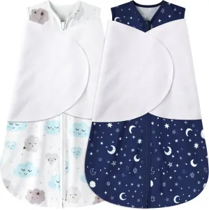 Newborn Sleep Sack Baby Swaddle,3-6 Months,3-Way Adjustable Wearable Blanket,100% Rayon Cotton Swaddling sleeping bag，TOG 0.5（Clouds&Starry Sky）
