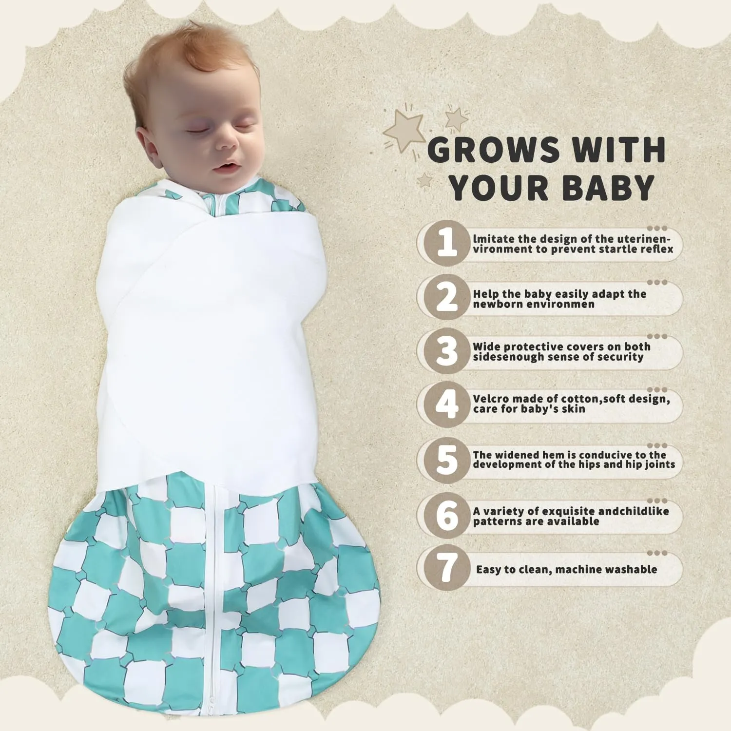 Newborn Sleep Sack Baby Swaddle,3-Way Adjustable Wearable Blanket,100% Rayon Cotton Swaddling Sleeping Bag. (Bohemia&Checkered, 0-3 Months)