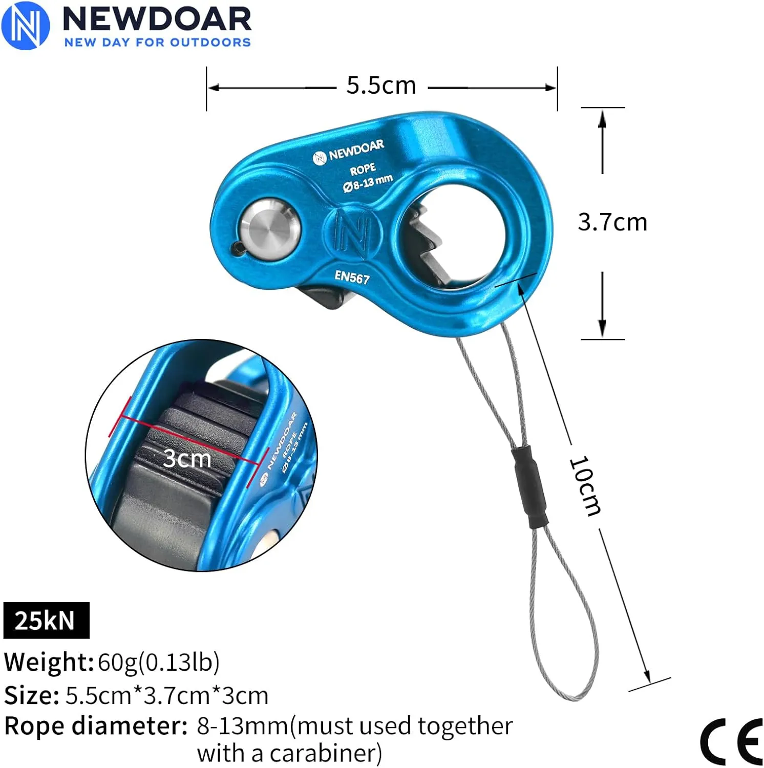 NewDoar Rope Ascender Lightweight Rope Clamp Ascender Riser Adjuster Fits 8-13mm Rope Self-Locking Grip for Rock Climbing,Hunting,Protection Rescue,Rappelling,Arborist,Gear Equipment