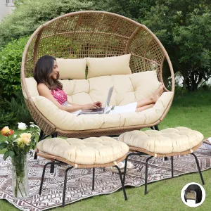 NICESOUL Indoor Outdoor Double Egg Chair with Ottoman Padded Cushions, Plus Size XL Wicker Lounge Chair Deep Seating with Footrests, 2 Person Loveseat for Patio Porch Cream, Xmas Gift