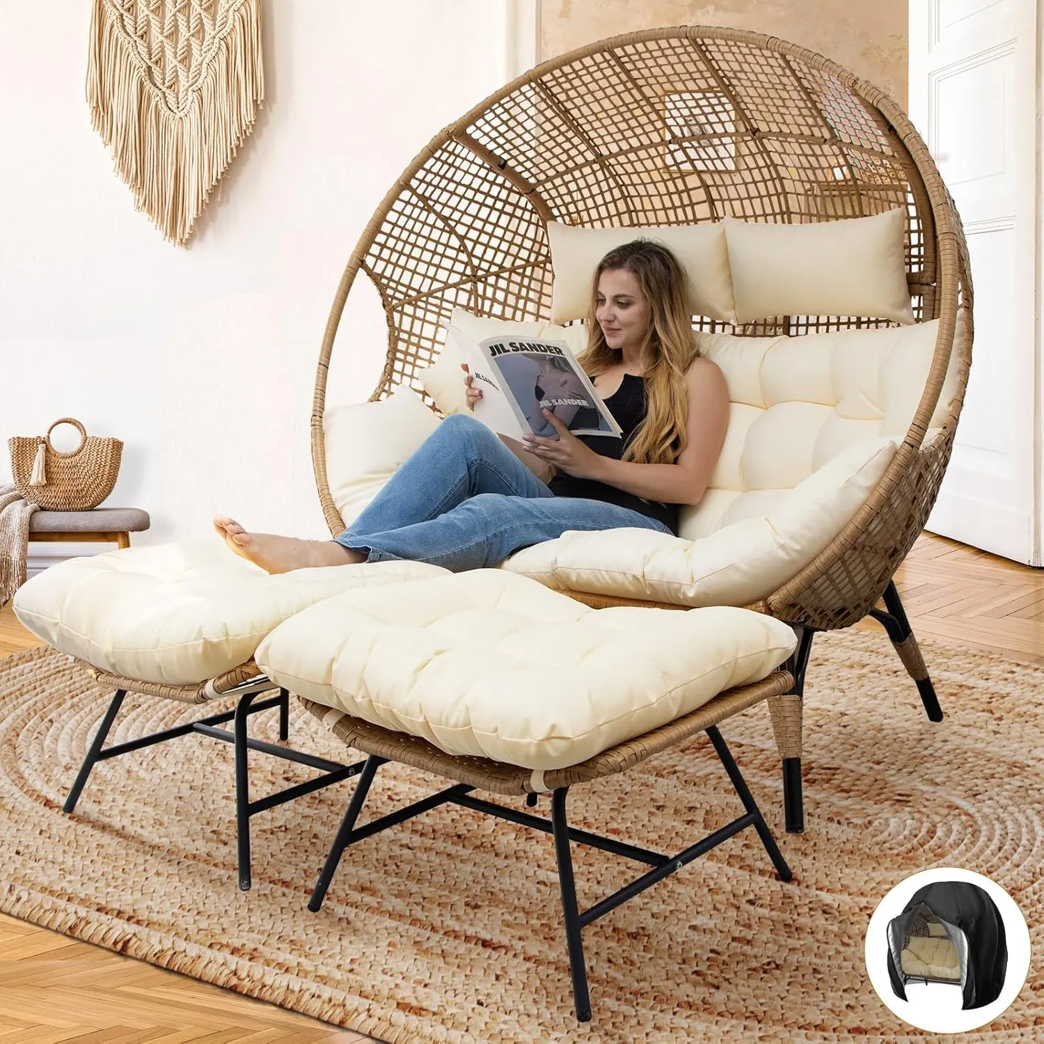 NICESOUL Indoor Outdoor Double Egg Chair with Ottoman Padded Cushions, Plus Size XL Wicker Lounge Chair Deep Seating with Footrests, 2 Person Loveseat for Patio Porch Cream, Xmas Gift