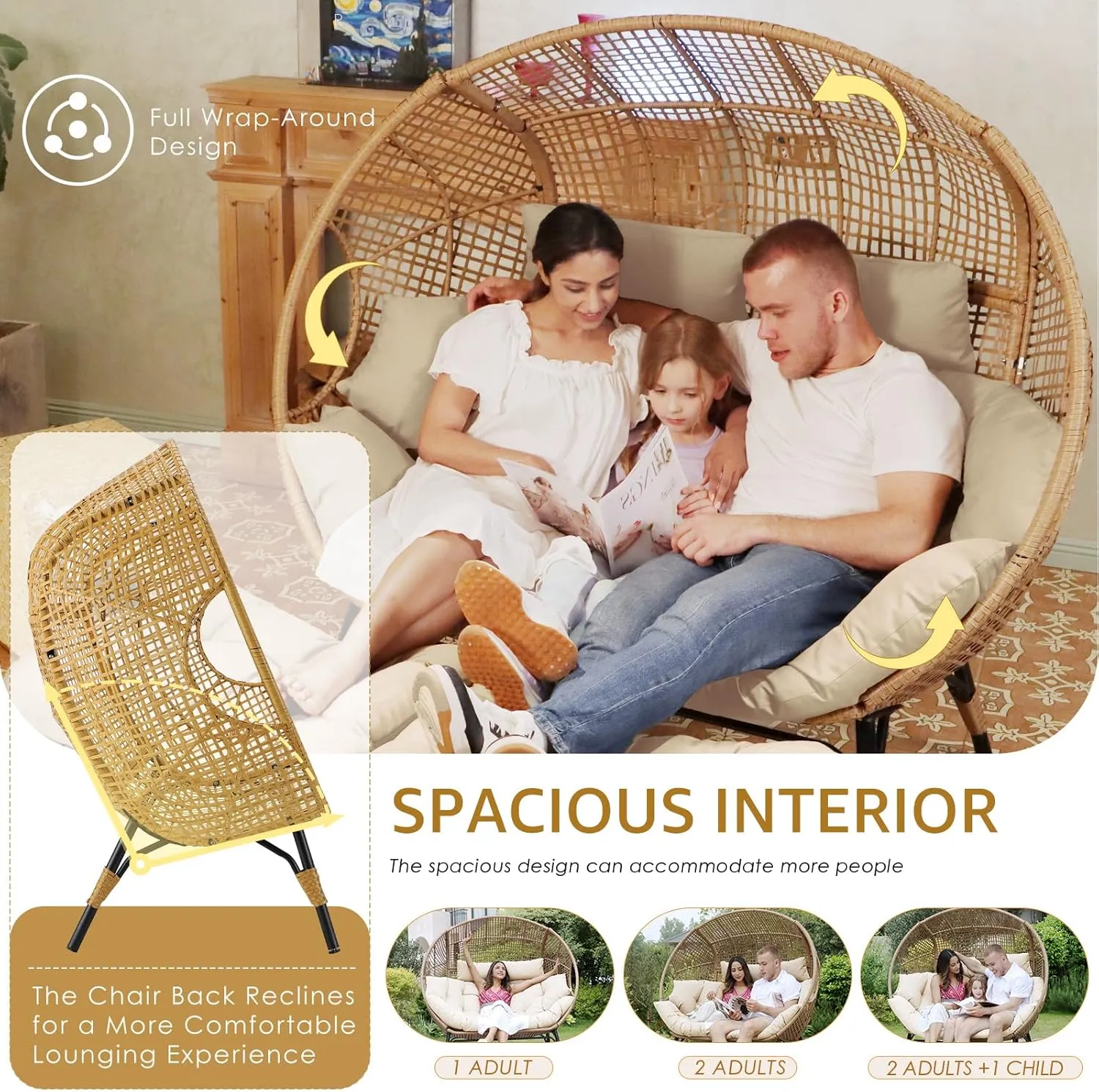 NICESOUL Indoor Outdoor Double Egg Chair with Ottoman Padded Cushions, Plus Size XL Wicker Lounge Chair Deep Seating with Footrests, 2 Person Loveseat for Patio Porch Cream, Xmas Gift