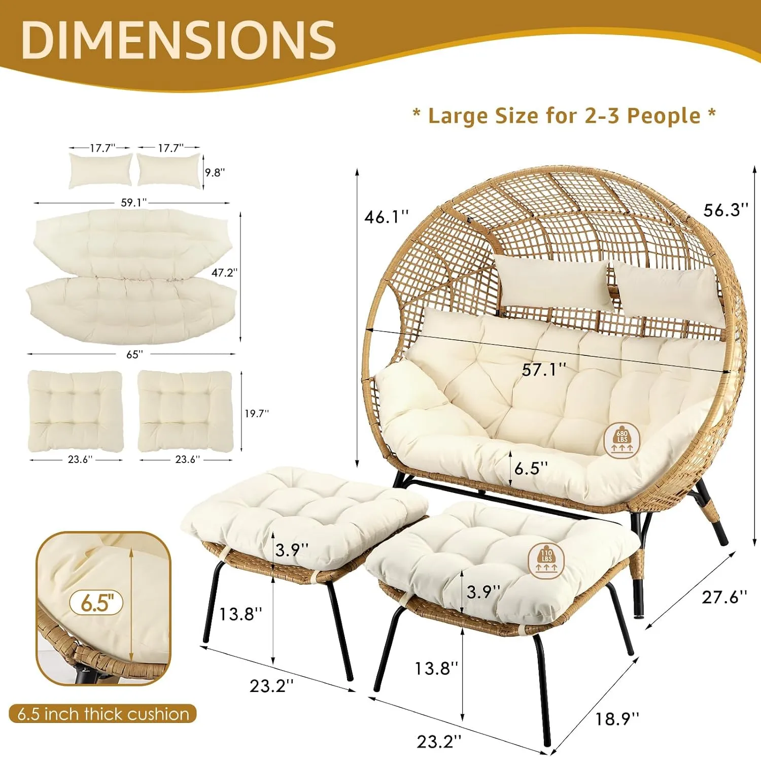 NICESOUL Indoor Outdoor Double Egg Chair with Ottoman Padded Cushions, Plus Size XL Wicker Lounge Chair Deep Seating with Footrests, 2 Person Loveseat for Patio Porch Cream, Xmas Gift