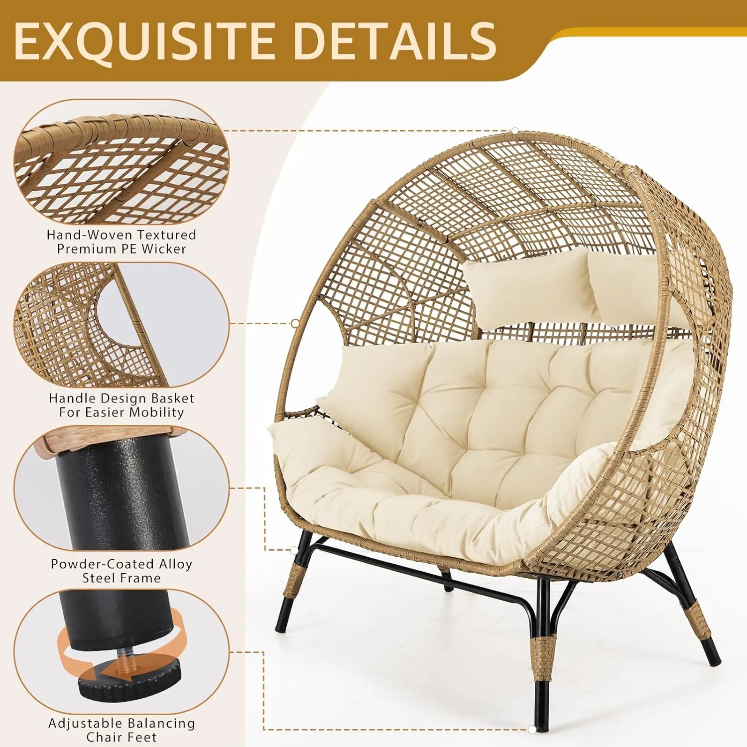 NICESOUL Indoor Outdoor Double Egg Chair with Ottoman Padded Cushions, Plus Size XL Wicker Lounge Chair Deep Seating with Footrests, 2 Person Loveseat for Patio Porch Cream, Xmas Gift