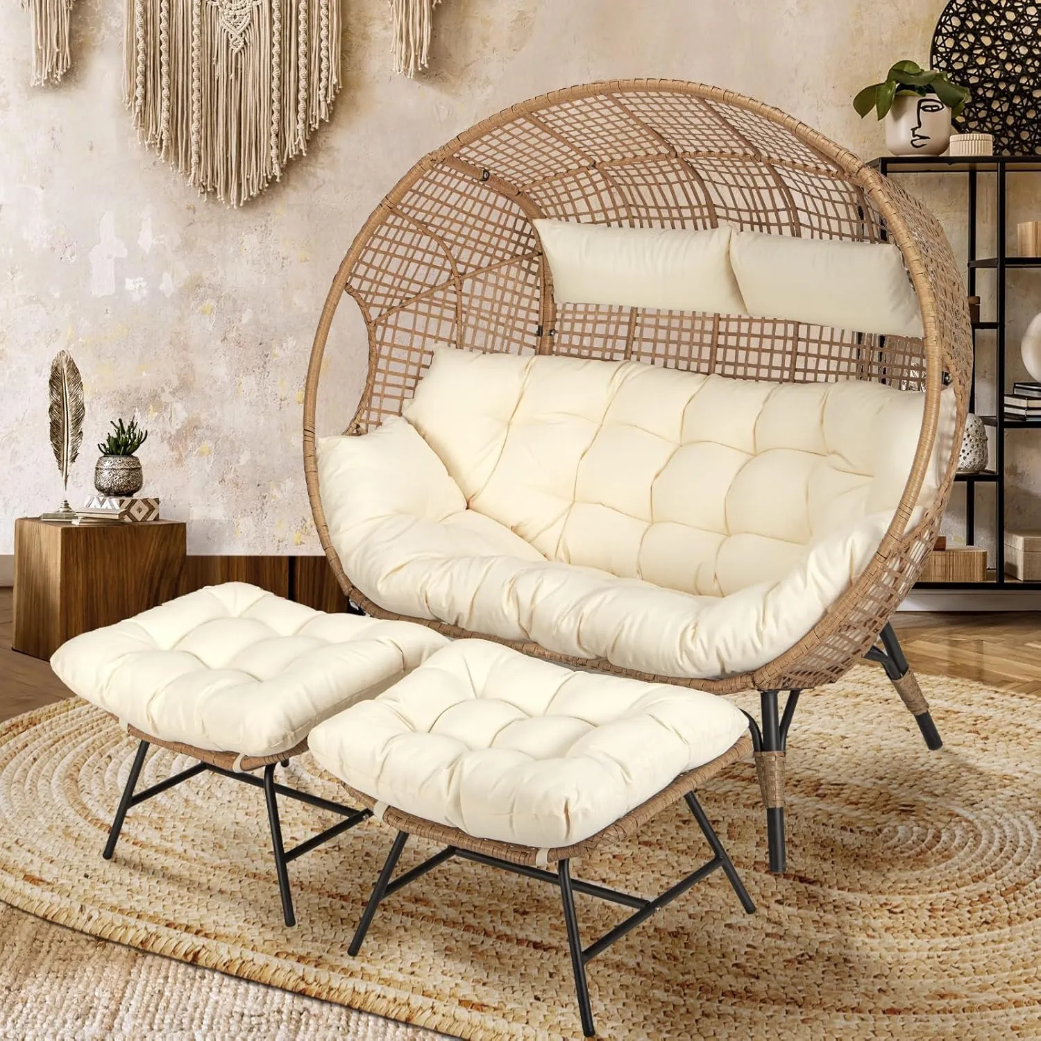 NICESOUL Indoor Outdoor Double Egg Chair with Ottoman Padded Cushions, Plus Size XL Wicker Lounge Chair Deep Seating with Footrests, 2 Person Loveseat for Patio Porch Cream, Xmas Gift