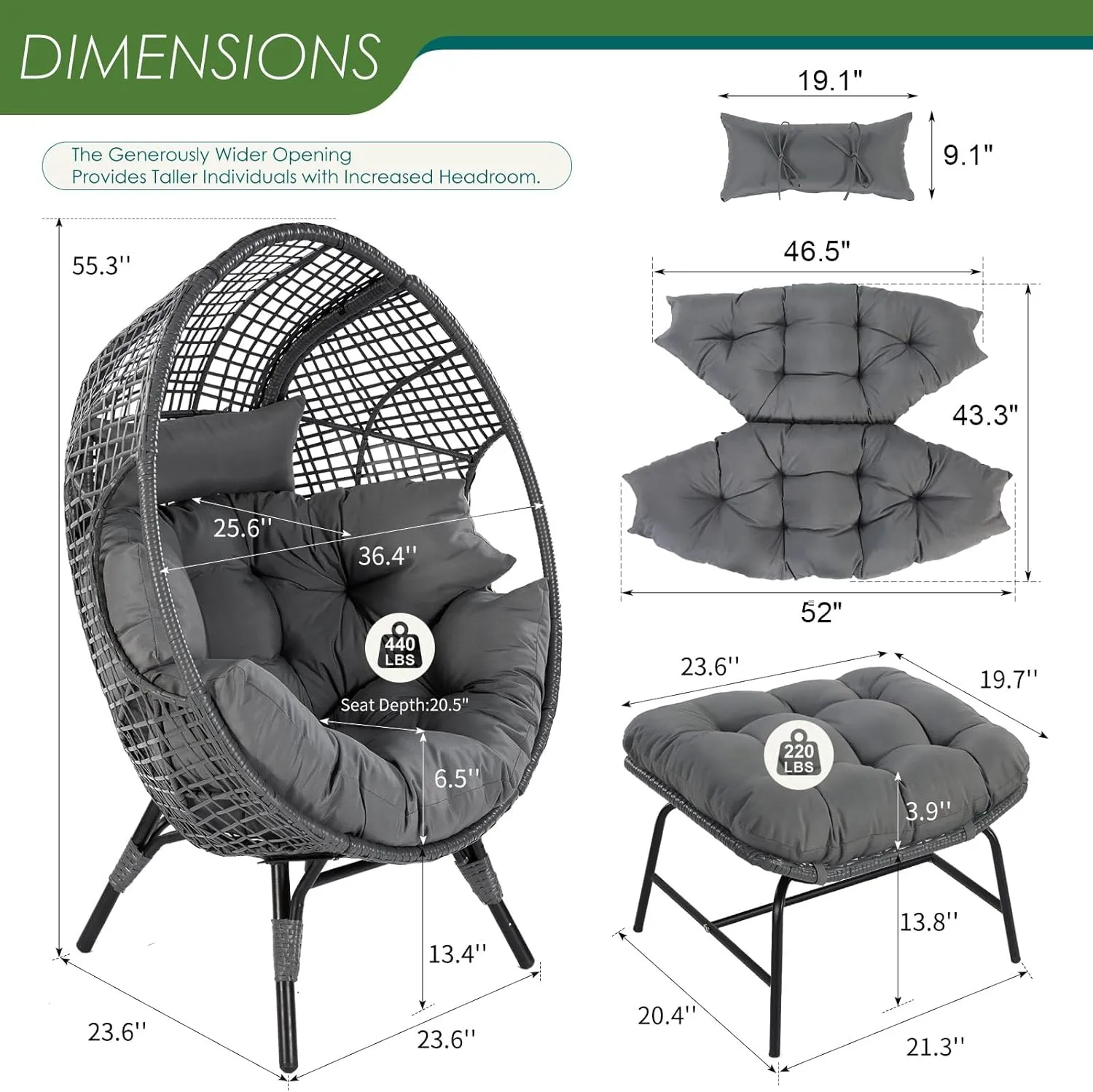 NICESOUL Patio Egg Chair with Ottoman, Indoor Outdoor Egg-Shell Lounge Chair, Cozy Oversized Round Circle Chair, 440lbs Boho Rattan Egg-Shaped Papasan w/Cushion for Living Room, Exterior, Porch, Gray