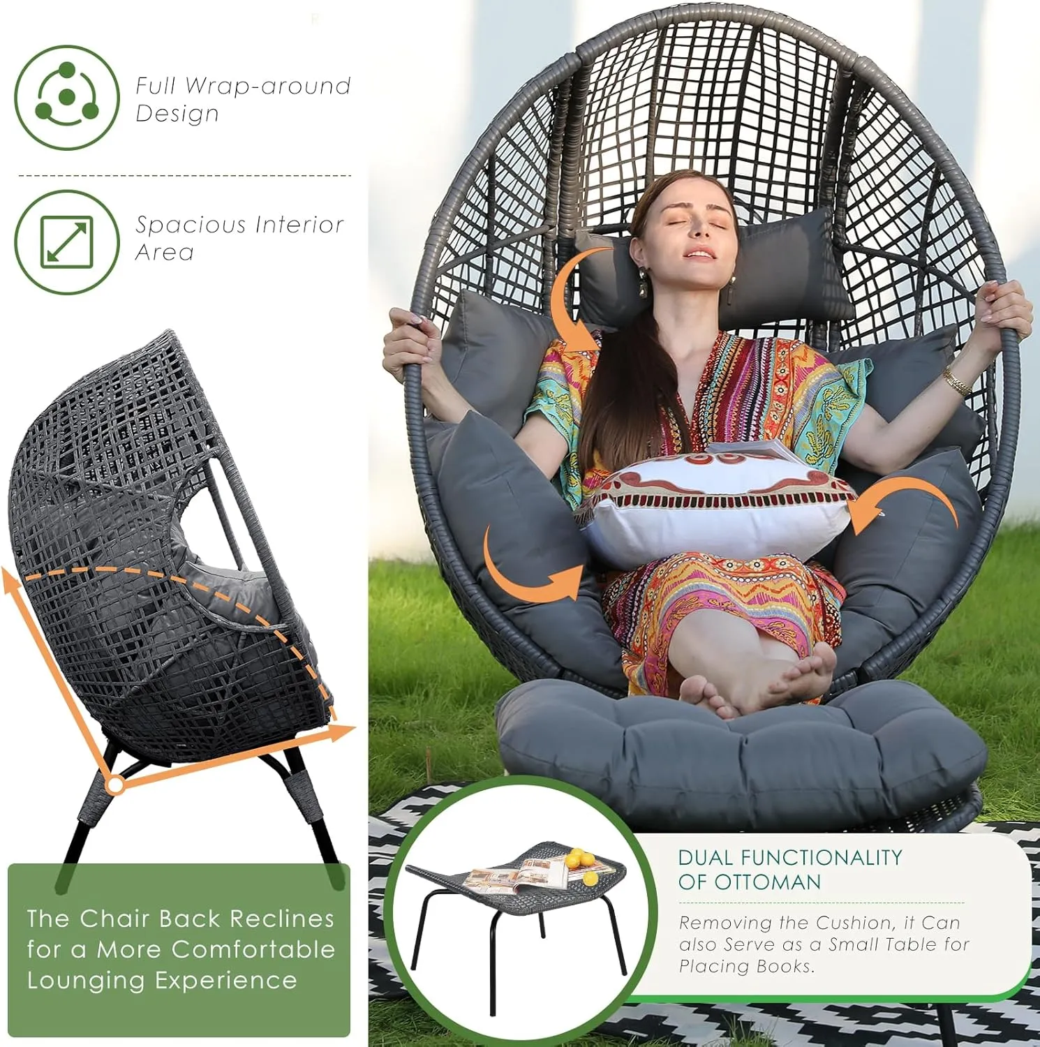 NICESOUL Patio Egg Chair with Ottoman, Indoor Outdoor Egg-Shell Lounge Chair, Cozy Oversized Round Circle Chair, 440lbs Boho Rattan Egg-Shaped Papasan w/Cushion for Living Room, Exterior, Porch, Gray
