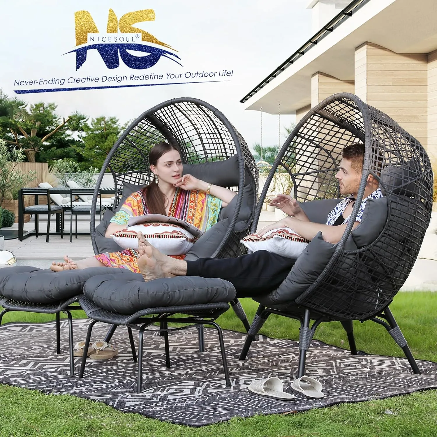 NICESOUL Patio Egg Chair with Ottoman, Indoor Outdoor Egg-Shell Lounge Chair, Cozy Oversized Round Circle Chair, 440lbs Boho Rattan Egg-Shaped Papasan w/Cushion for Living Room, Exterior, Porch, Gray