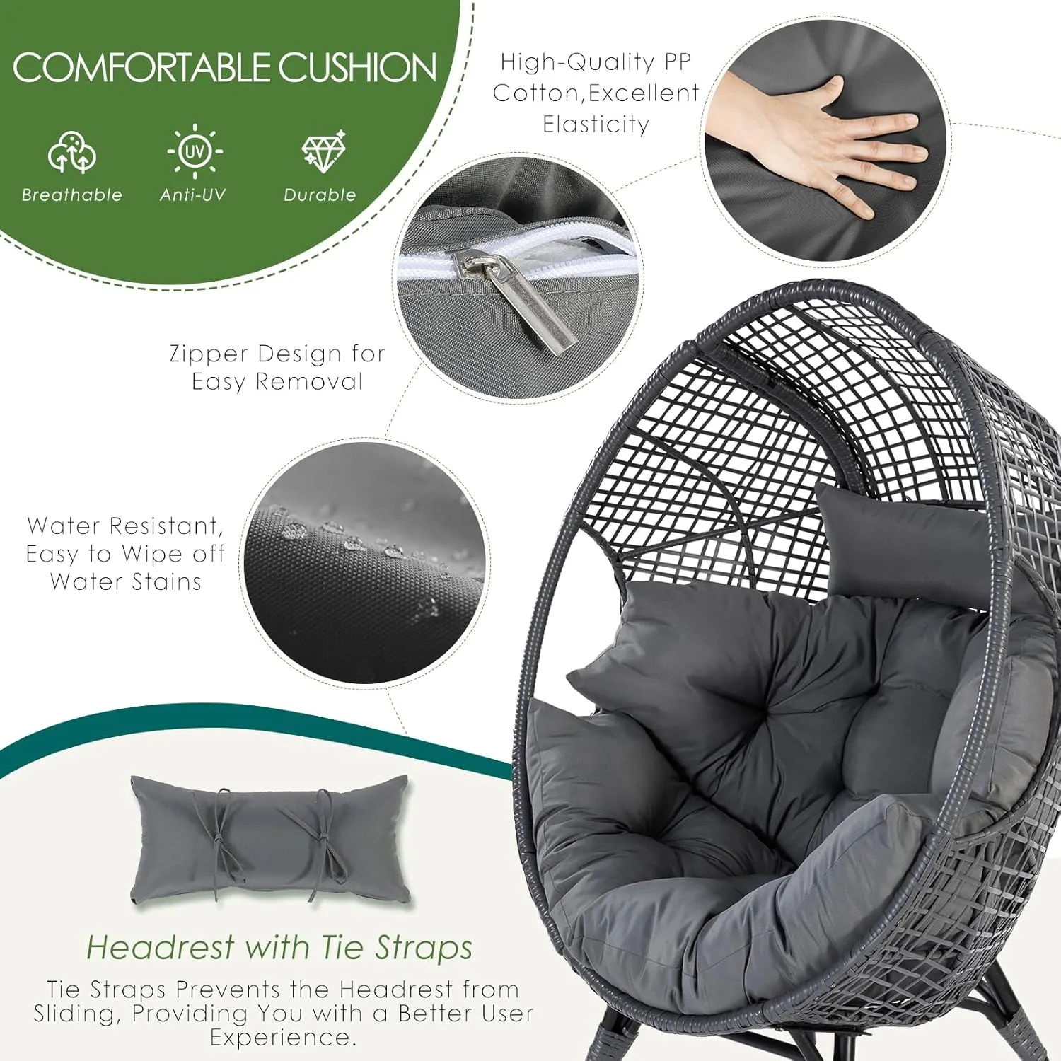 NICESOUL Patio Egg Chair with Ottoman, Indoor Outdoor Egg-Shell Lounge Chair, Cozy Oversized Round Circle Chair, 440lbs Boho Rattan Egg-Shaped Papasan w/Cushion for Living Room, Exterior, Porch, Gray