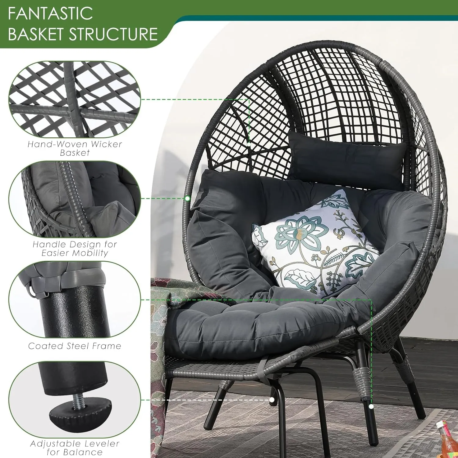 NICESOUL Patio Egg Chair with Ottoman, Indoor Outdoor Egg-Shell Lounge Chair, Cozy Oversized Round Circle Chair, 440lbs Boho Rattan Egg-Shaped Papasan w/Cushion for Living Room, Exterior, Porch, Gray