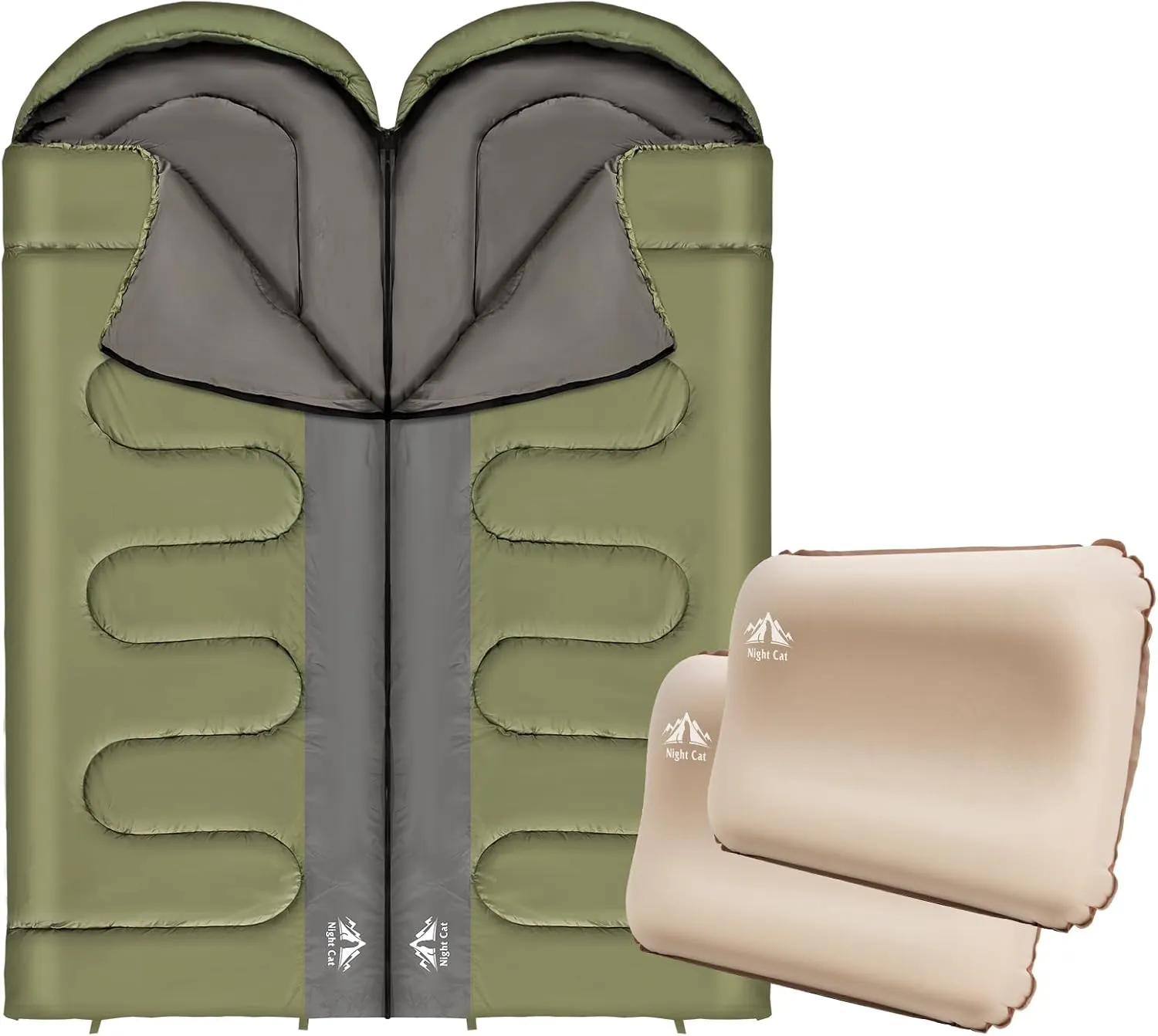 Night Cat Double Sleeping Bag with Self-Inflatable Camping Pillow for Adults Camping Green Temperature 5-15℃ 4.59x7.55ft