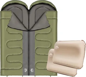Night Cat Double Sleeping Bag with Self-Inflatable Camping Pillow for Adults Camping Green Temperature 5-15℃ 4.59x7.55ft