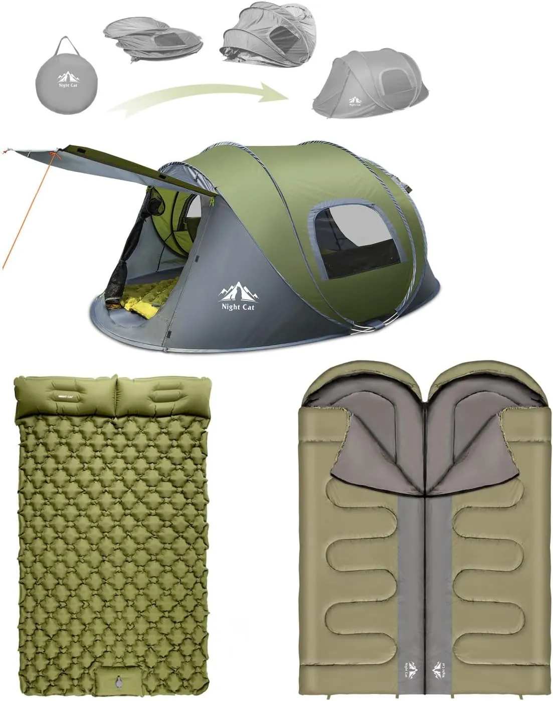 Night Cat Upgraded Pop up Tent with Inflatable Double Sleeping Pad Double Sleeping Bag for 2 Persons Automatic Instant Tent Combo Set