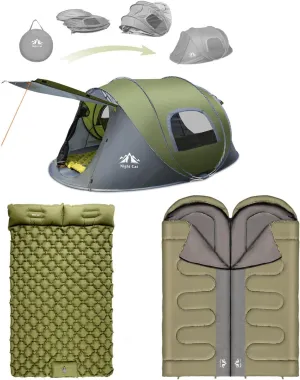 Night Cat Upgraded Pop up Tent with Inflatable Double Sleeping Pad Double Sleeping Bag for 2 Persons Automatic Instant Tent Combo Set