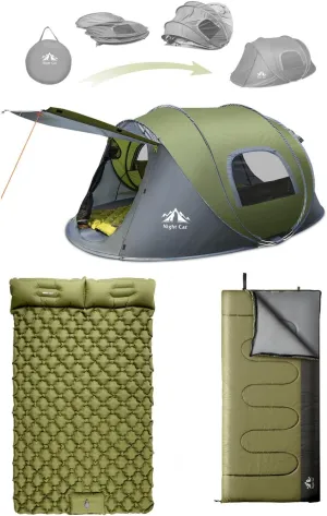 Night Cat Upgraded Pop up Tent with Inflatable Double Sleeping Pad Single Sleeping Bag for 2-4 Persons Automatic Instant Tent Combo Set