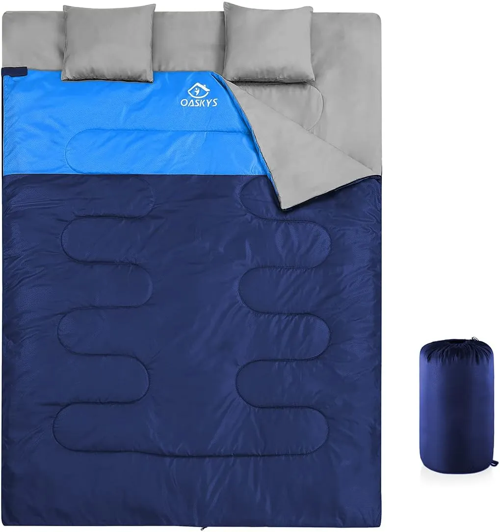 oaskys Double Sleeping Bag for Adults with 2 Pillows - Queen Size XL Waterproof Sleeping Bag for All Season Camping Hiking Backpacking 2 Person Sleeping Bags for Cold Weather & Warm