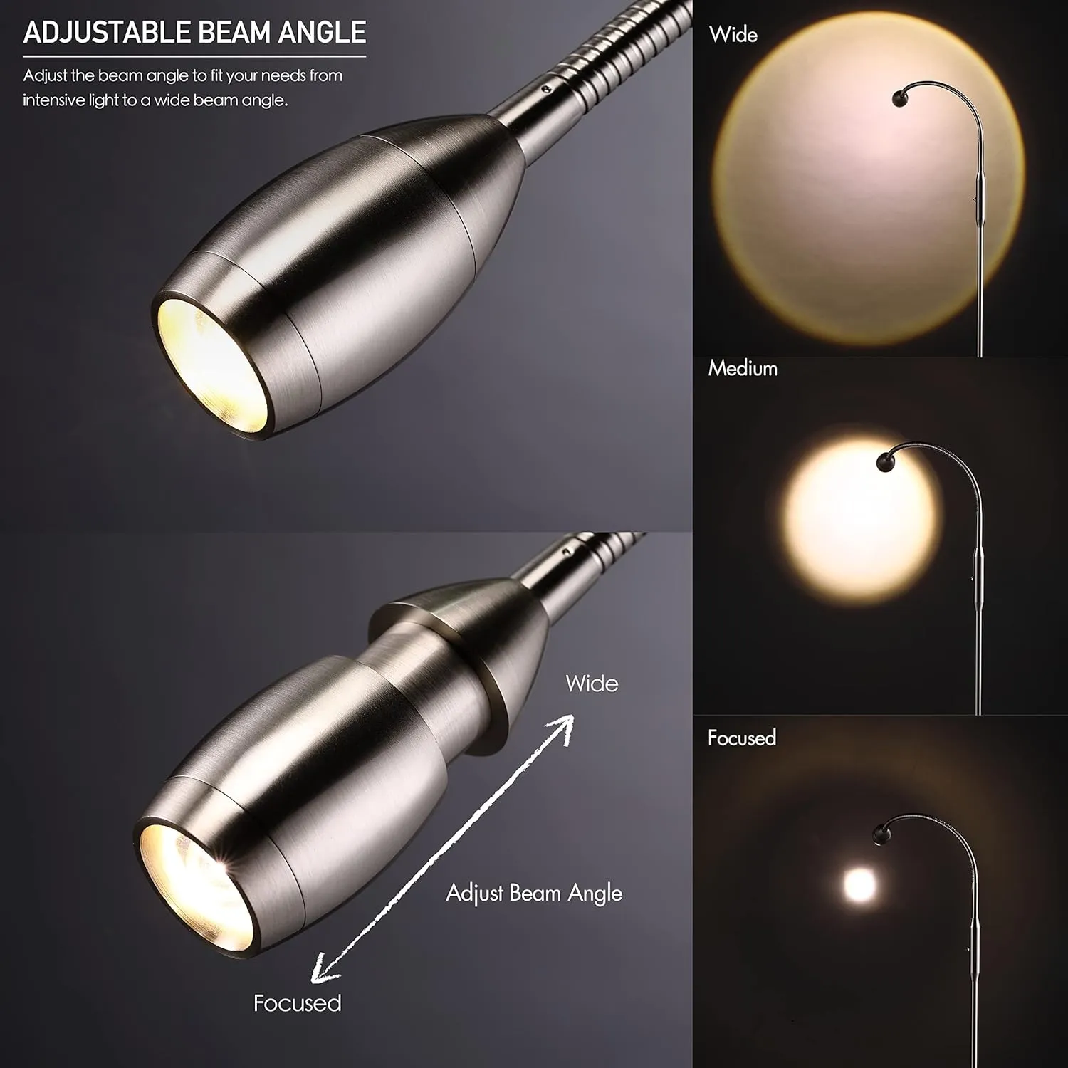 O’Bright Ray – Adjustable LED Beam Floor Lamp, Dimmable and Zoomable Spotlight, Flexible Gooseneck, Reading/Crafting Standing Lamp, Work Table Light, Brushed Nickel