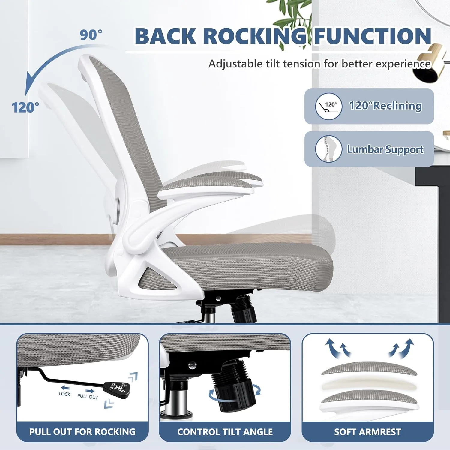 Office Chair Desk Chair, Ergonomic Mesh Computer Chair Home Office Desk Chairs, Swivel Task Chair Mid Back Breathable Rolling Chair with Adjustable Lumbar Support Flip Up Armrest (Gray)