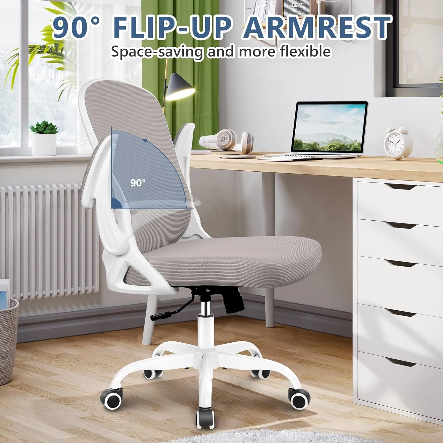 Office Chair Desk Chair, Ergonomic Mesh Computer Chair Home Office Desk Chairs, Swivel Task Chair Mid Back Breathable Rolling Chair with Adjustable Lumbar Support Flip Up Armrest (Gray)