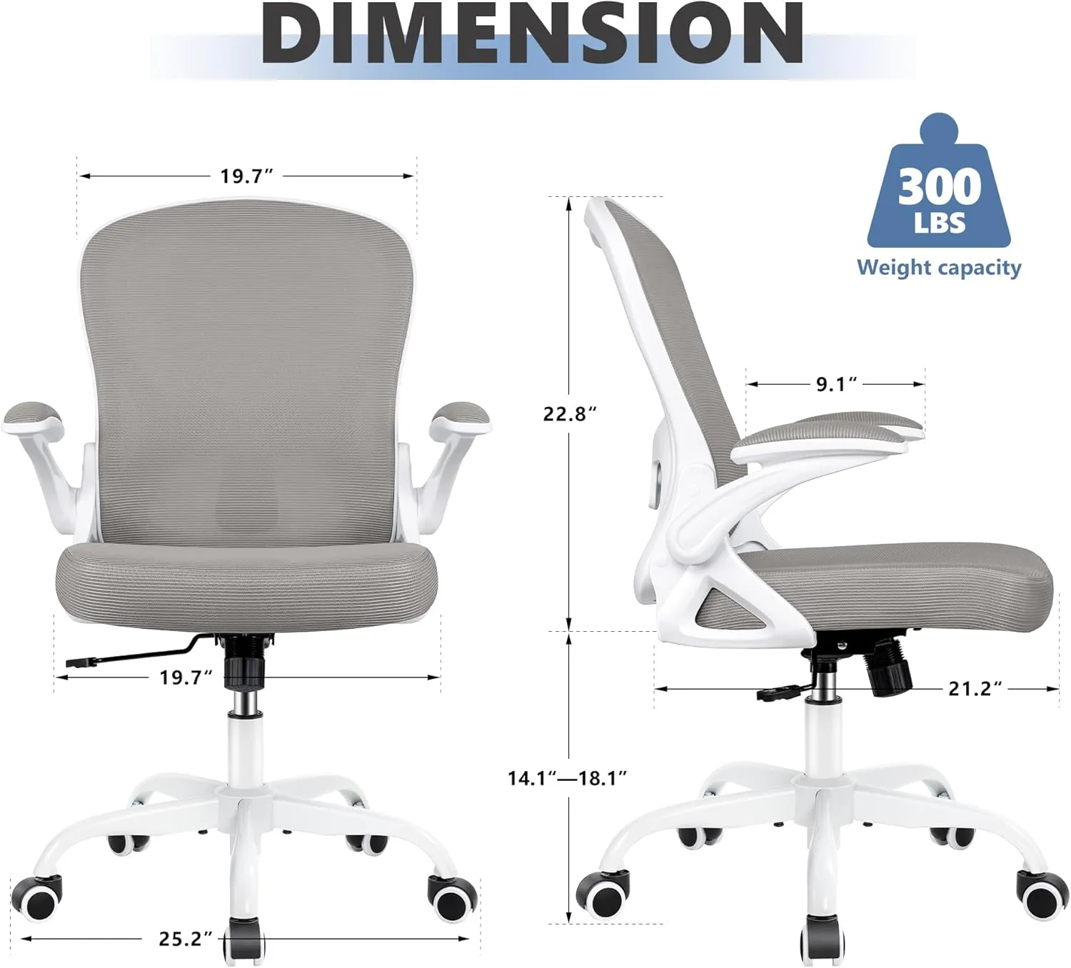 Office Chair Desk Chair, Ergonomic Mesh Computer Chair Home Office Desk Chairs, Swivel Task Chair Mid Back Breathable Rolling Chair with Adjustable Lumbar Support Flip Up Armrest (Gray)