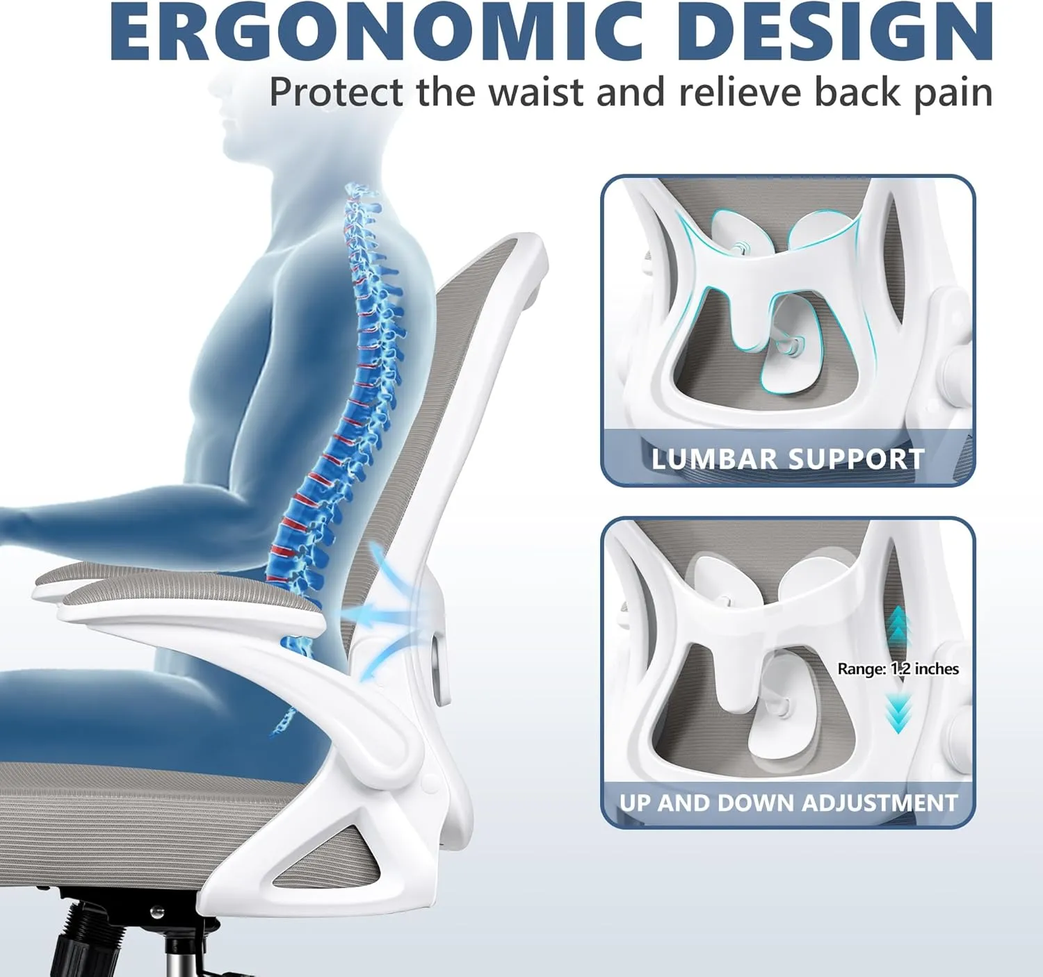 Office Chair Desk Chair, Ergonomic Mesh Computer Chair Home Office Desk Chairs, Swivel Task Chair Mid Back Breathable Rolling Chair with Adjustable Lumbar Support Flip Up Armrest (Gray)