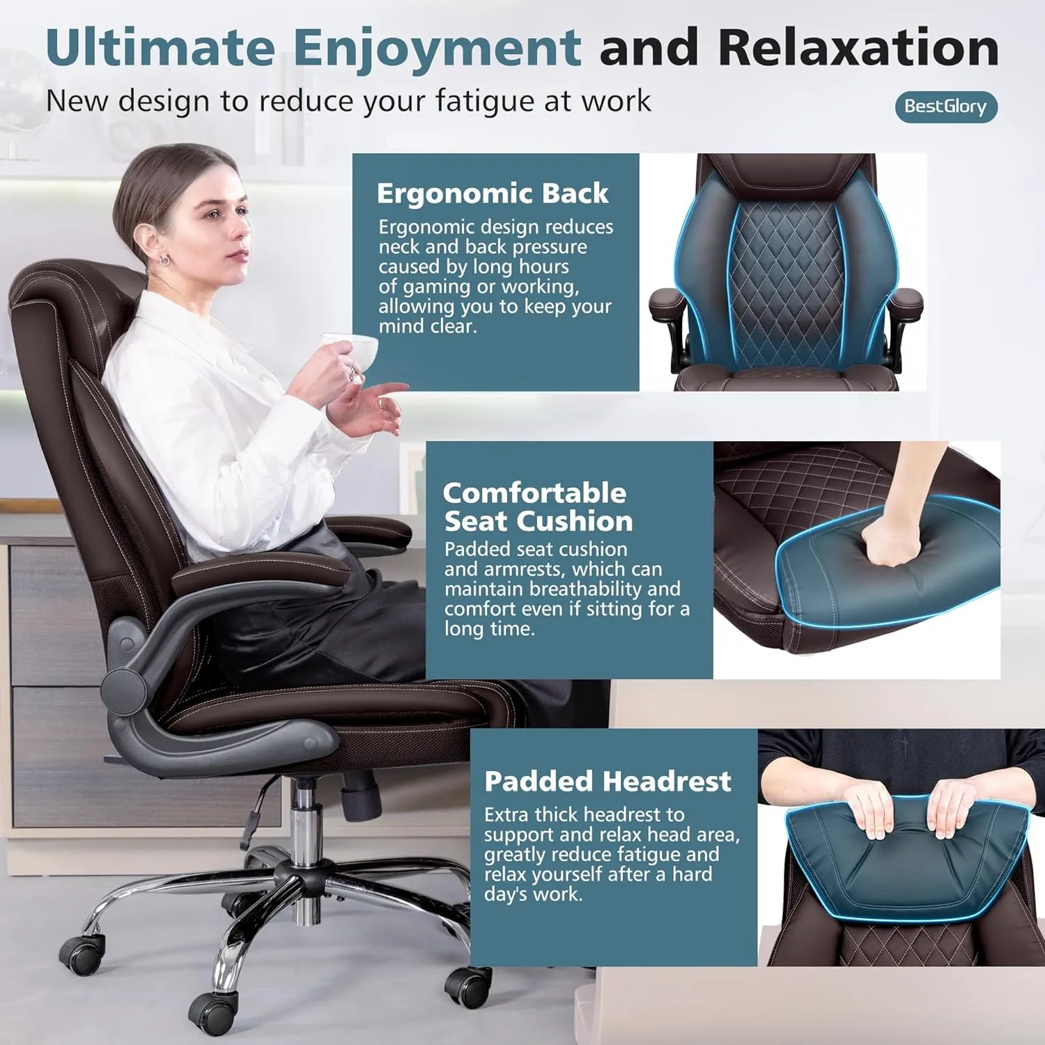 Office Chair, Ergonomic High Back Home Office Desk Chair, Big and Tall Breathable Leather Office Chair with Lumbar Support Flip-Up Armrests, Computer Chair with Rocking Function