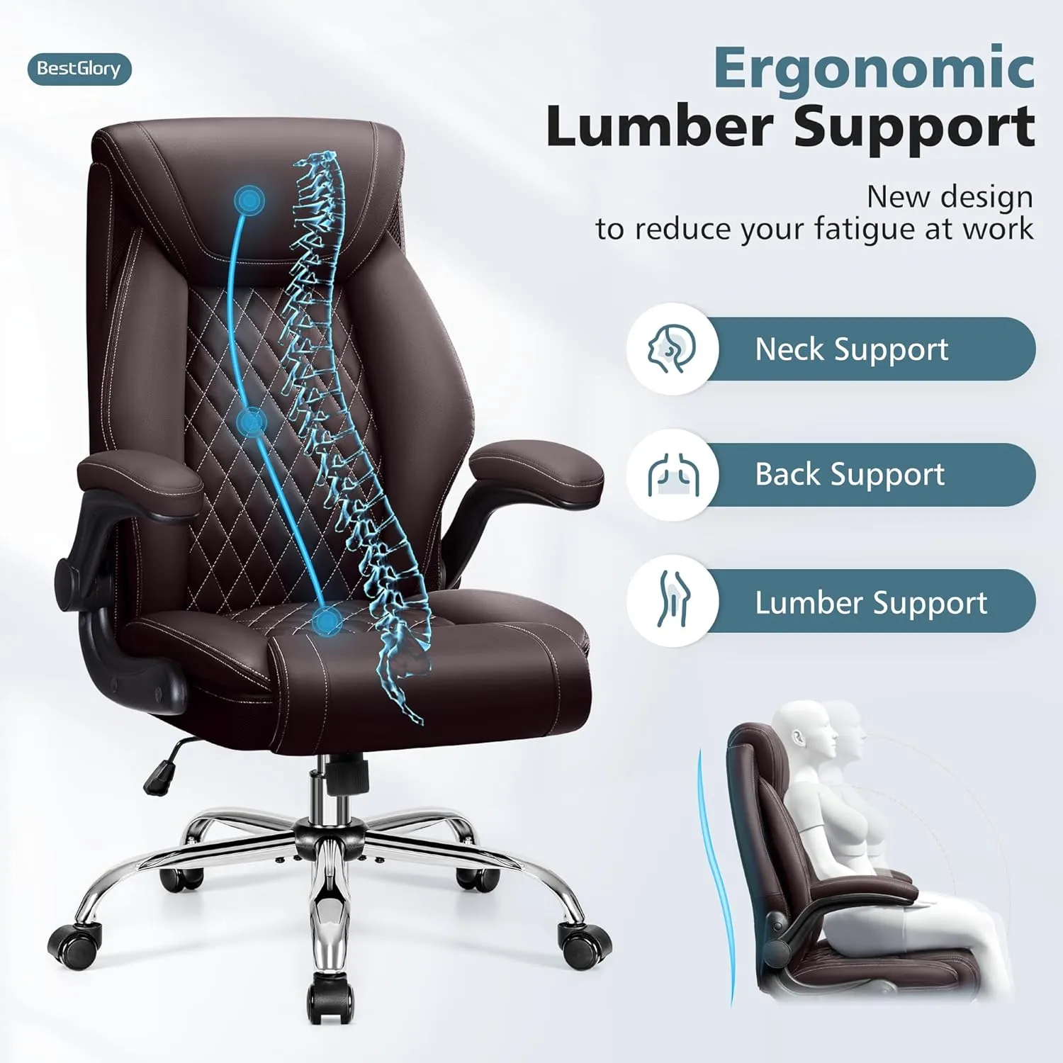 Office Chair, Ergonomic High Back Home Office Desk Chair, Big and Tall Breathable Leather Office Chair with Lumbar Support Flip-Up Armrests, Computer Chair with Rocking Function