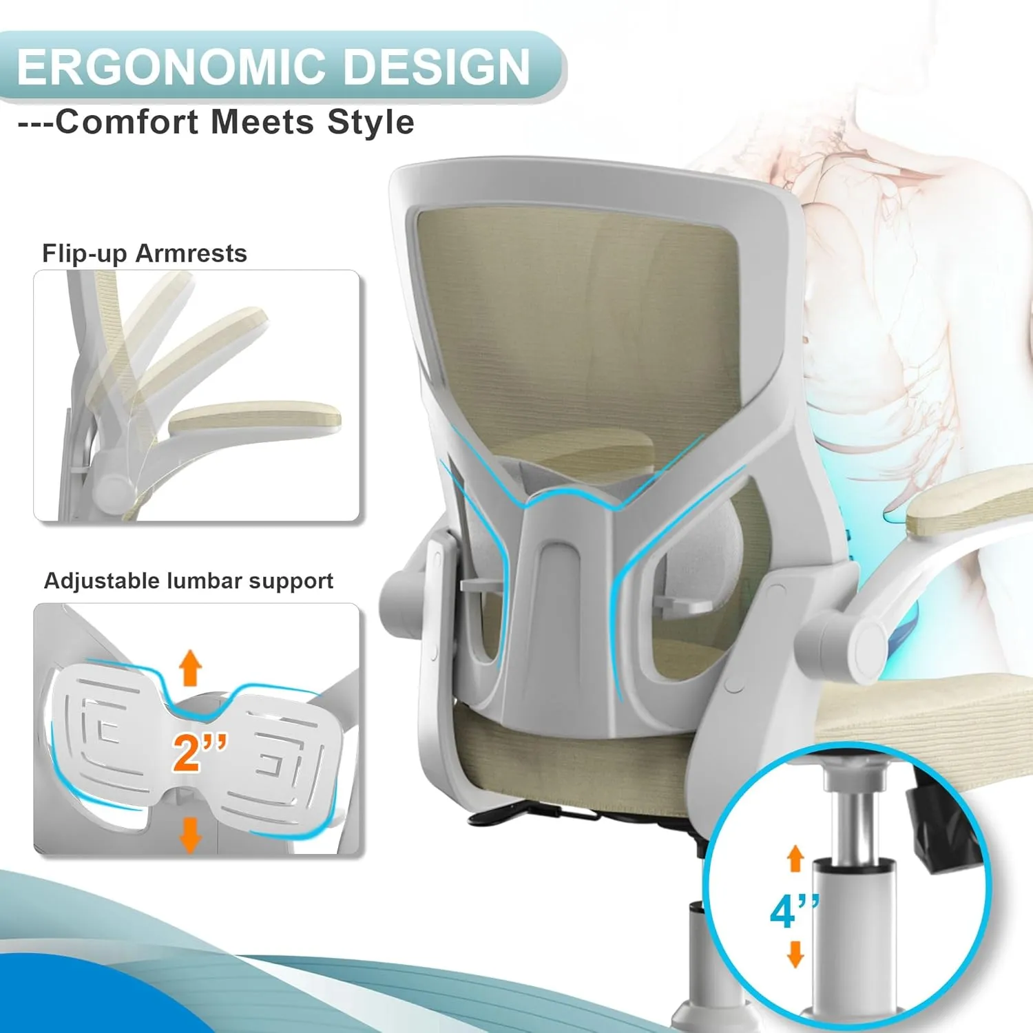 Office Chair, High Back Desk Chair Adjustable Height and Ergonomic Design Home Office Computer Chair Executive Lumbar Support Padded Flip-up Armrest Swivel Task Chair