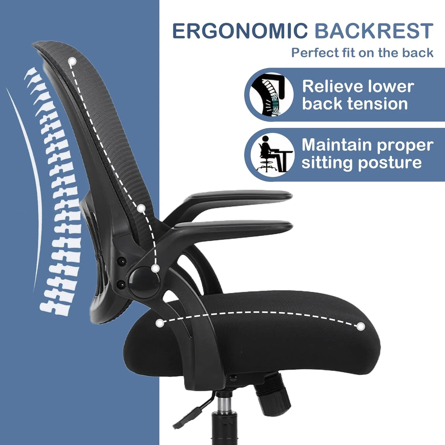 Office Ergonomic Desk Chair, Mesh Comfy Computer Work Chair with Flip-up Armrests and Adjustable Lumbar Support, Rolling Swivel Executive Task Chair for Home Office, Adults and Teens (Black)