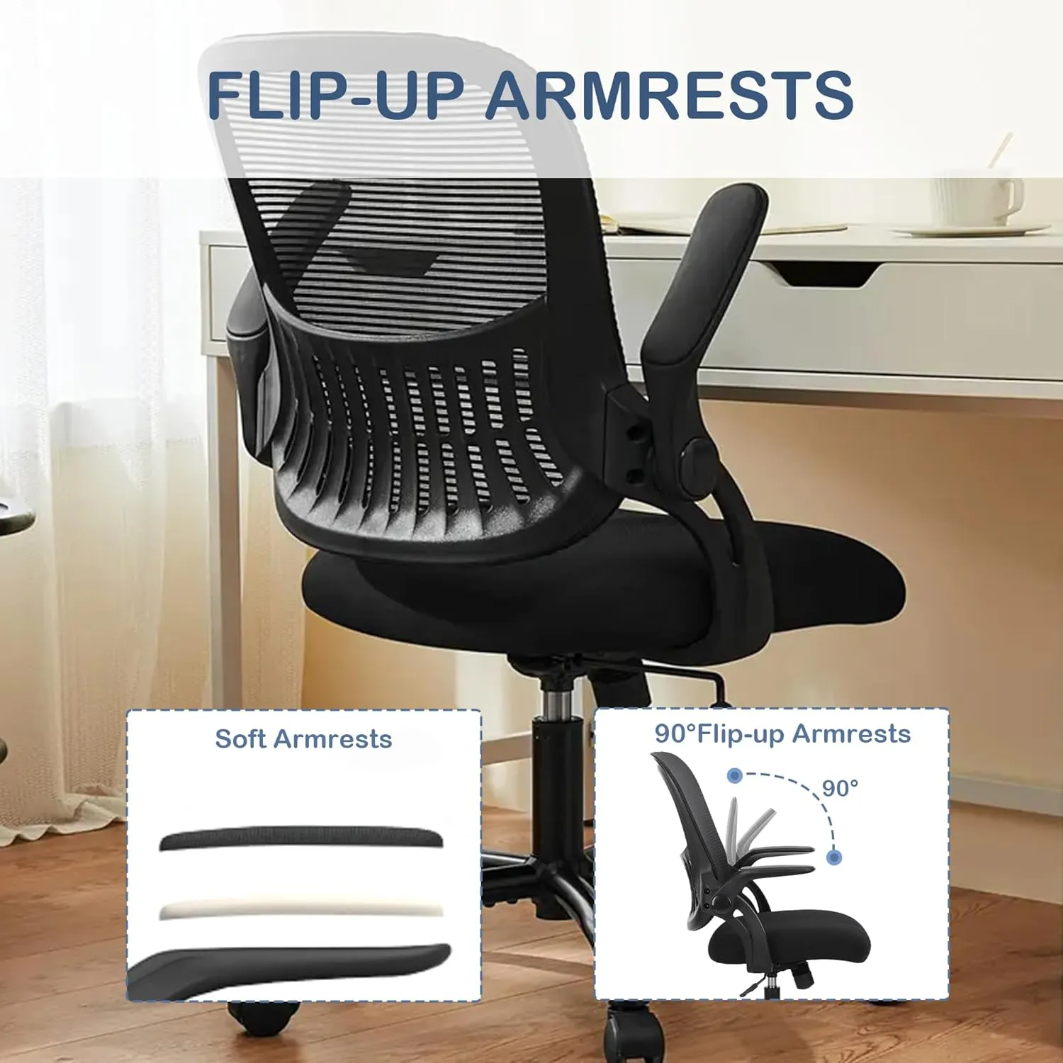 Office Ergonomic Desk Chair, Mesh Comfy Computer Work Chair with Flip-up Armrests and Adjustable Lumbar Support, Rolling Swivel Executive Task Chair for Home Office, Adults and Teens (Black)