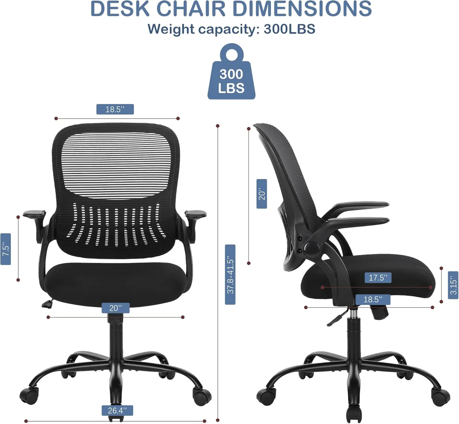 Office Ergonomic Desk Chair, Mesh Comfy Computer Work Chair with Flip-up Armrests and Adjustable Lumbar Support, Rolling Swivel Executive Task Chair for Home Office, Adults and Teens (Black)