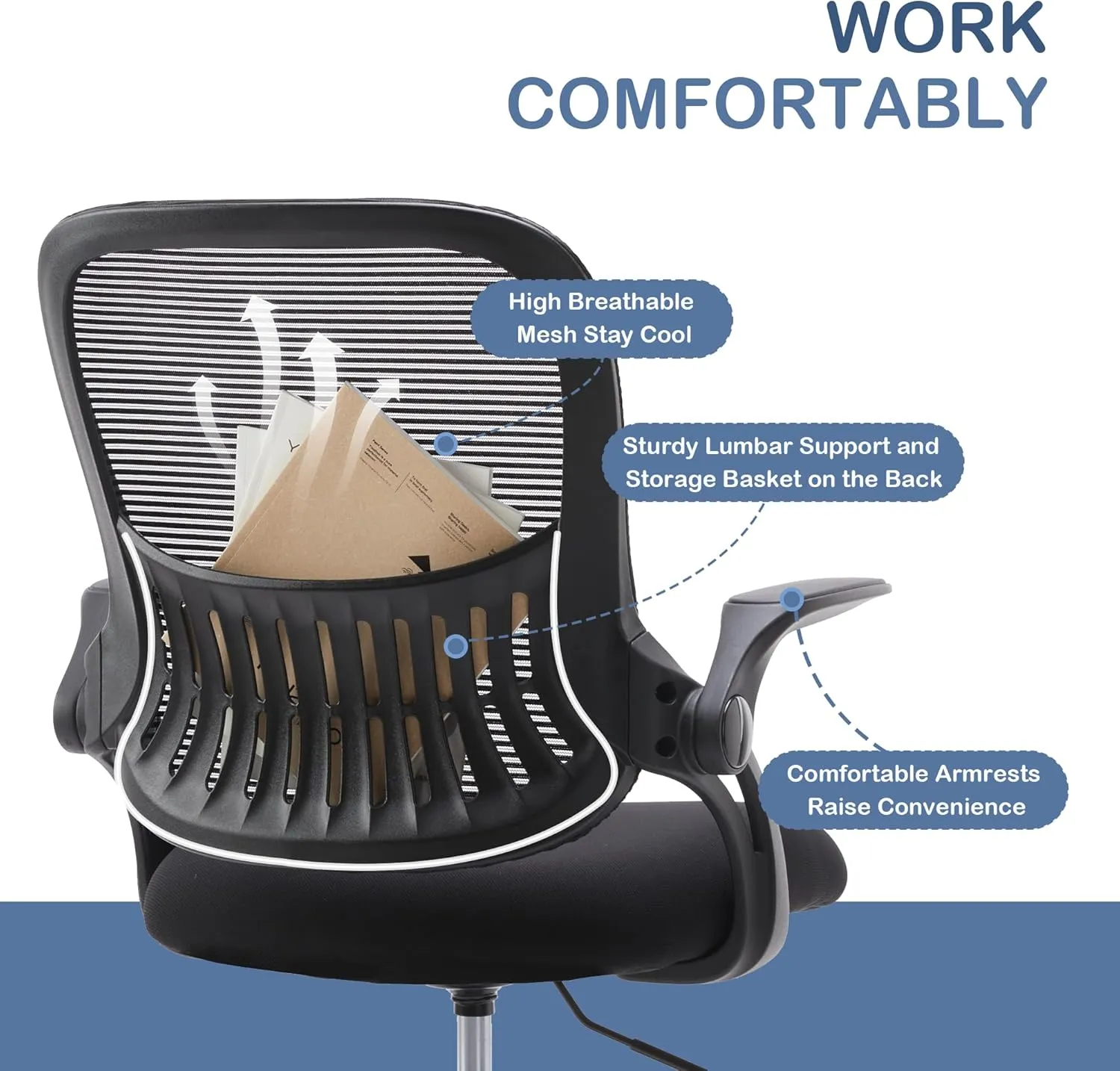 Office Ergonomic Desk Chair, Mesh Comfy Computer Work Chair with Flip-up Armrests and Adjustable Lumbar Support, Rolling Swivel Executive Task Chair for Home Office, Adults and Teens (Black)