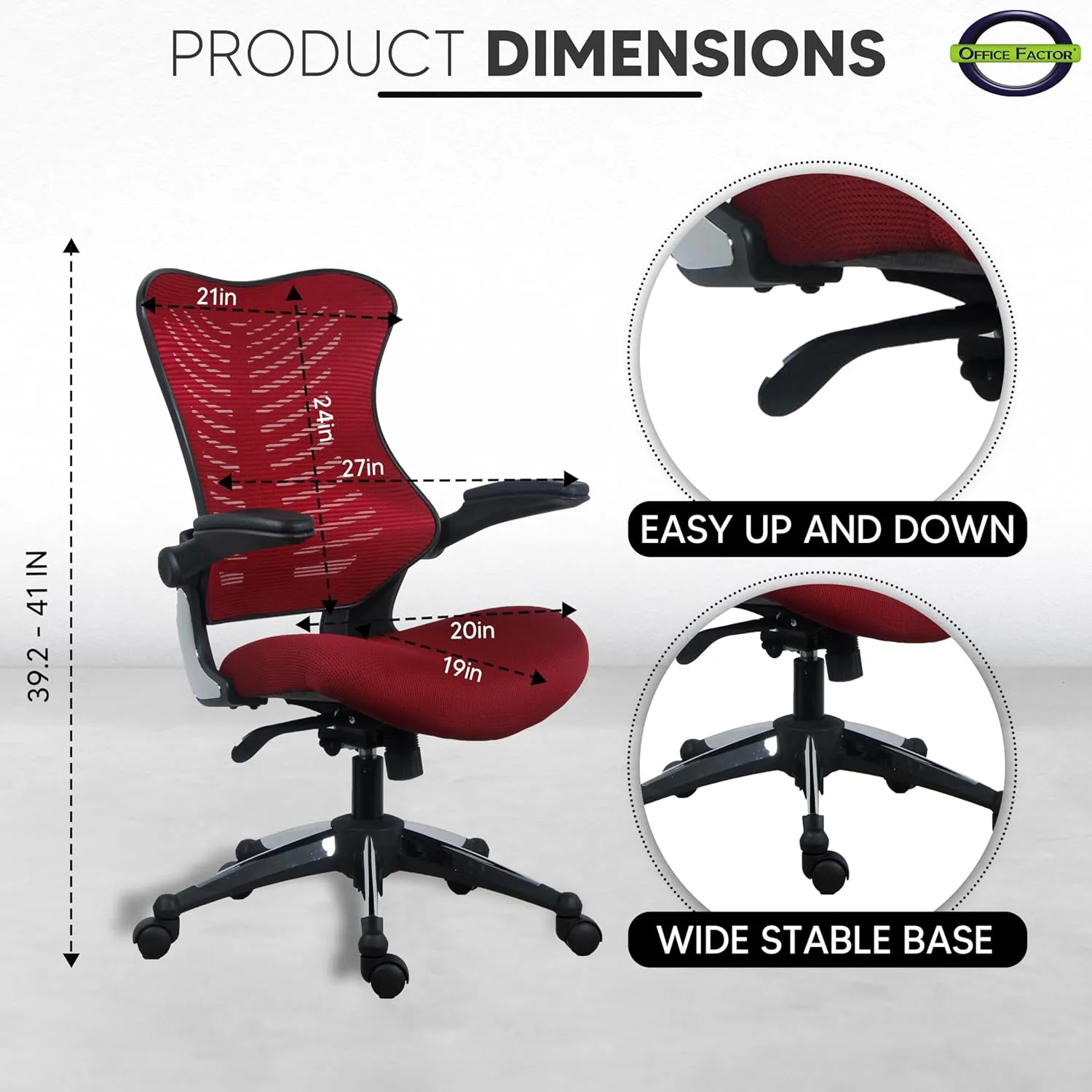 OfficeFactor Burgundy Office Chair, Ergonomic, Lumbar Support, Adjustable Executive & Task Chair for Office/Conference Room. Thick Seat & Flip-Up Arm Rest, Mesh Back, 250 Lbs Rated