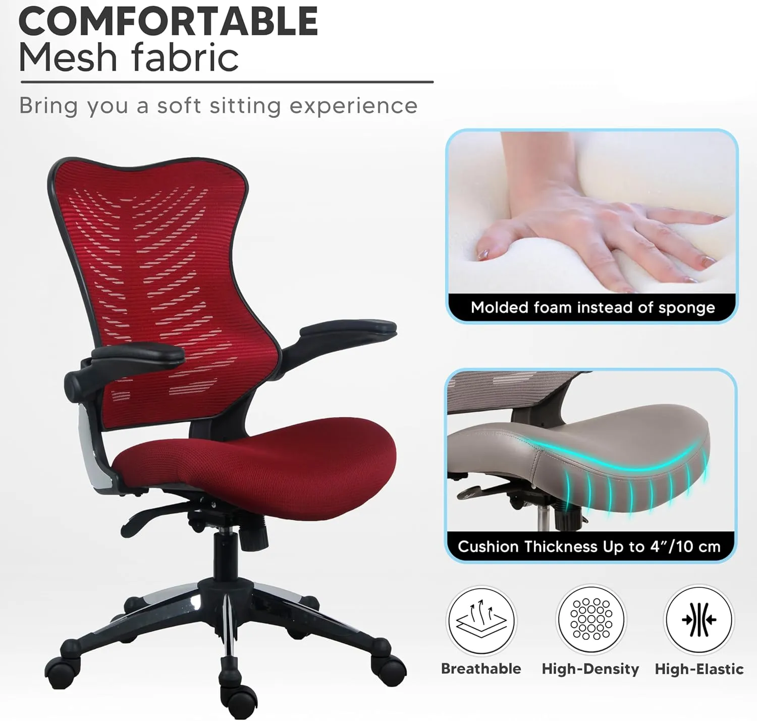 OfficeFactor Burgundy Office Chair, Ergonomic, Lumbar Support, Adjustable Executive & Task Chair for Office/Conference Room. Thick Seat & Flip-Up Arm Rest, Mesh Back, 250 Lbs Rated