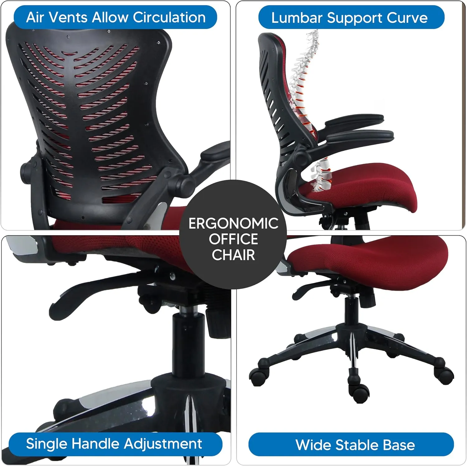 OfficeFactor Burgundy Office Chair, Ergonomic, Lumbar Support, Adjustable Executive & Task Chair for Office/Conference Room. Thick Seat & Flip-Up Arm Rest, Mesh Back, 250 Lbs Rated