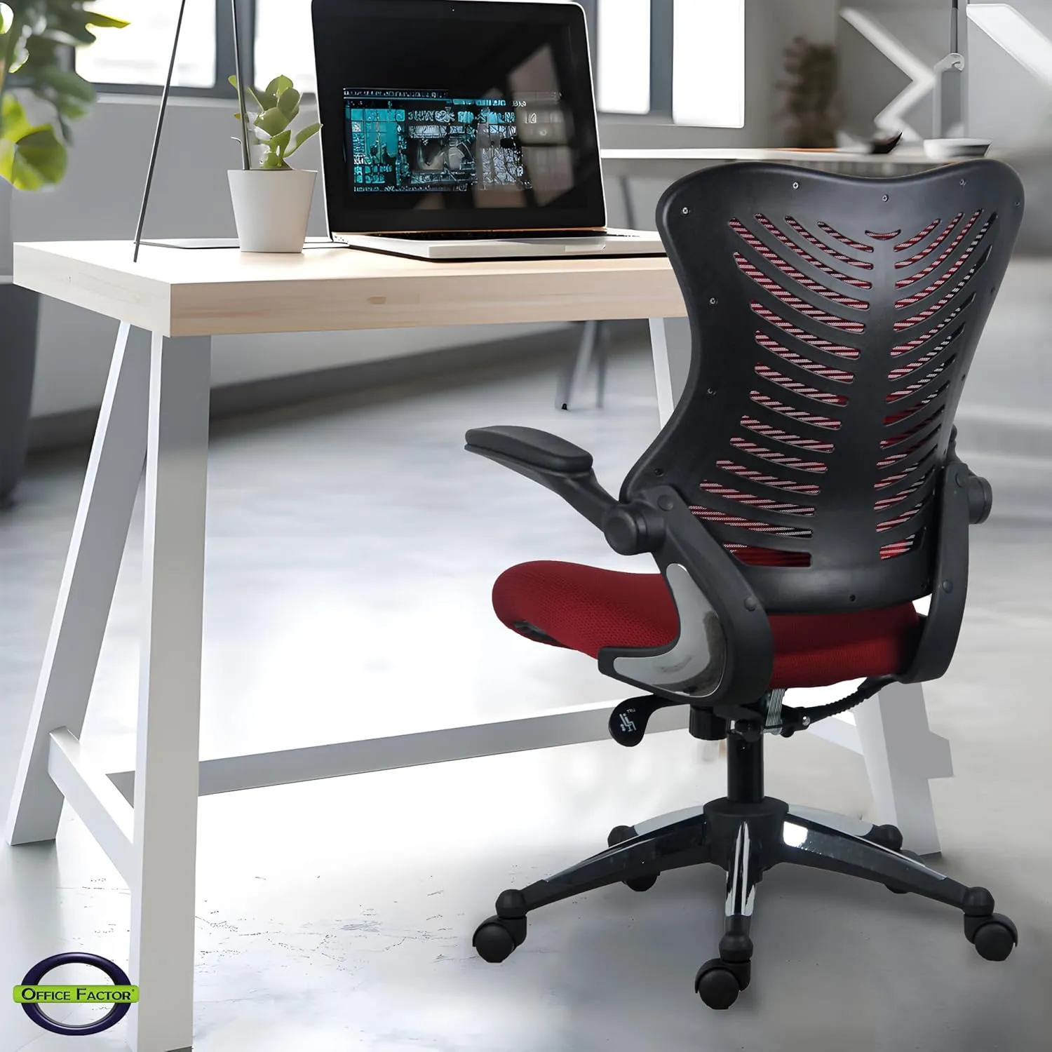 OfficeFactor Burgundy Office Chair, Ergonomic, Lumbar Support, Adjustable Executive & Task Chair for Office/Conference Room. Thick Seat & Flip-Up Arm Rest, Mesh Back, 250 Lbs Rated