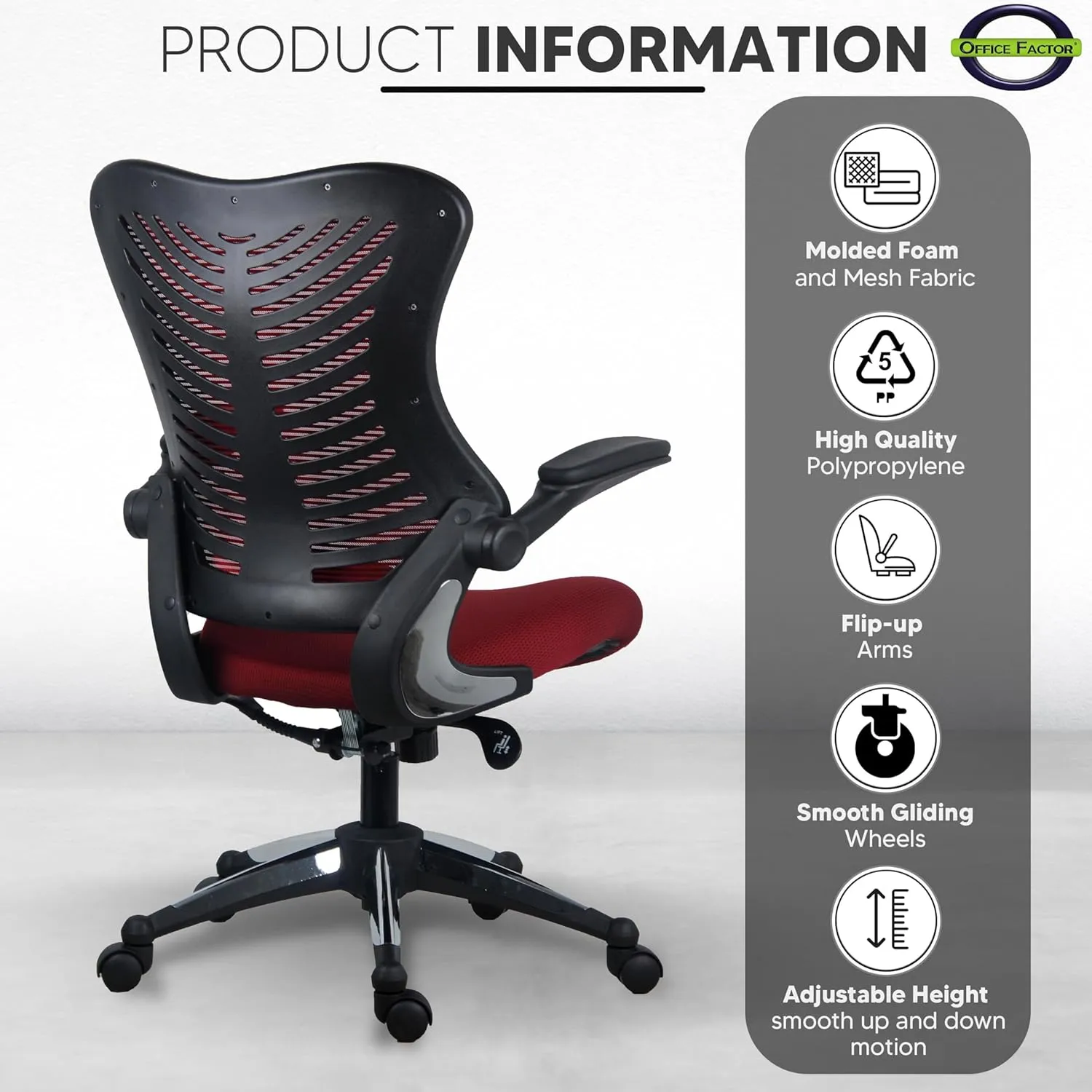 OfficeFactor Burgundy Office Chair, Ergonomic, Lumbar Support, Adjustable Executive & Task Chair for Office/Conference Room. Thick Seat & Flip-Up Arm Rest, Mesh Back, 250 Lbs Rated