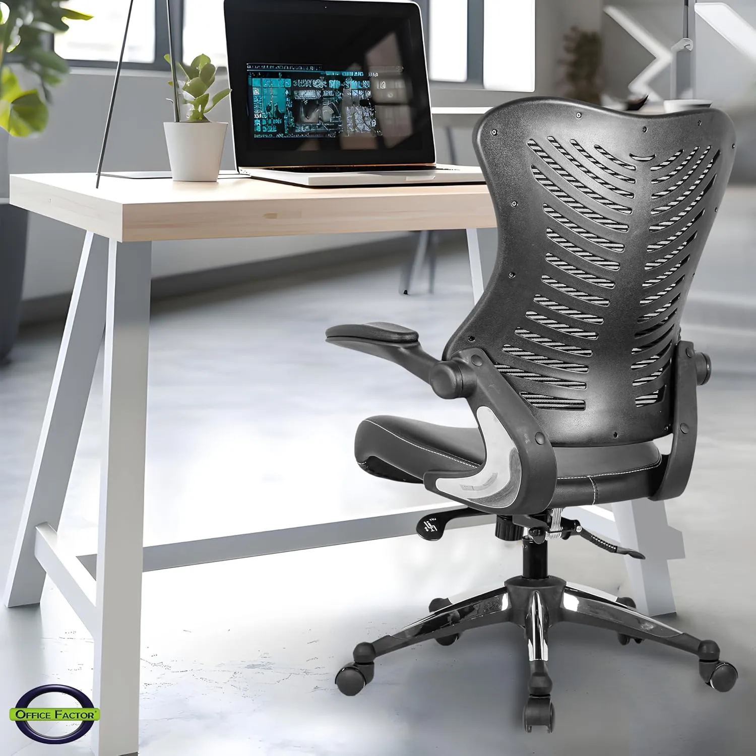 OfficeFactor Executive Ergonomic Computer Office Chair Back Mesh Bonded Leather Seat Flip-up Arms Lumbar Support Molded Foam Seat Adjustable Height Home Office Desk Chair (Black)