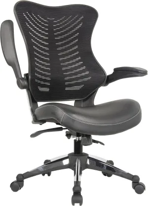 OfficeFactor Executive Ergonomic Computer Office Chair Back Mesh Bonded Leather Seat Flip-up Arms Lumbar Support Molded Foam Seat Adjustable Height Home Office Desk Chair (Black)